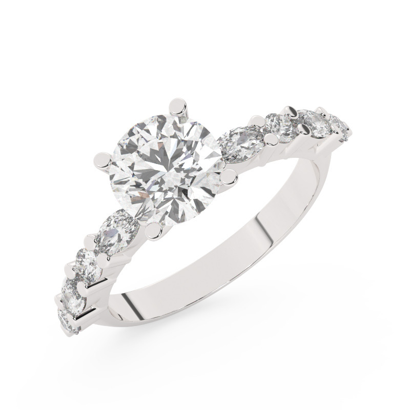 טבעת אירוסין סוליטר ויהלומים בצדדים דגם 50068 זהב לבן 14 קראט במרכז זירקוניה 2 קראט עגול בחיתוך קראט מסביב ובצדדים זירקונים