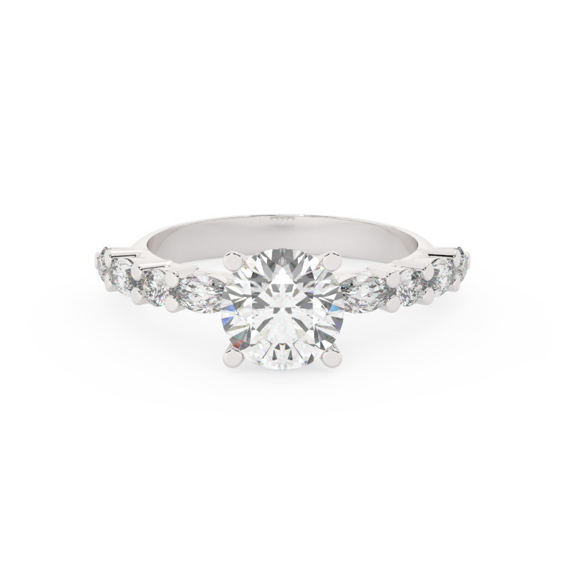 טבעת אירוסין סוליטר ויהלומים בצדדים דגם 50068 זהב לבן 14 קראט במרכז זירקוניה 2 קראט עגול בחיתוך קראט מסביב ובצדדים זירקונים – תמונה 2