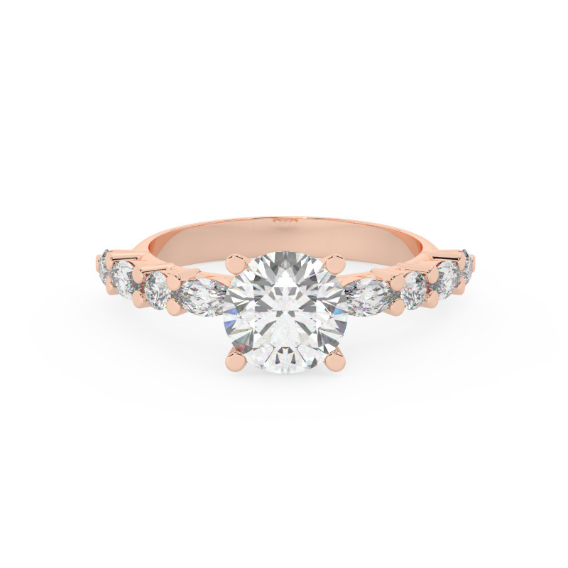 טבעת אירוסין סוליטר ויהלומים בצדדים דגם 50068 זהב אדום רוזגולד 14 קראט במרכז זירקוניה 2.50 קראט עגול בחיתוך קראט מסביב ובצדדים זירקונים – תמונה 2