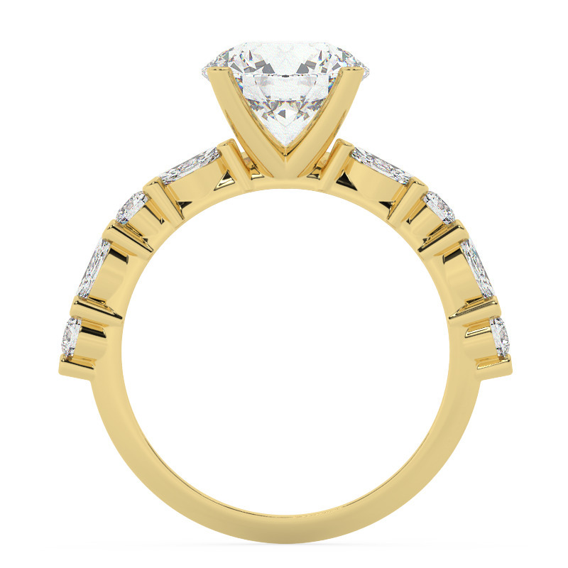 טבעת אירוסין סוליטר ויהלומים בצדדים דגם 50068 זהב צהוב 14 קראט במרכז זירקוניה 4 קראט עגול בחיתוך קראט מסביב ובצדדים זירקונים – תמונה 3