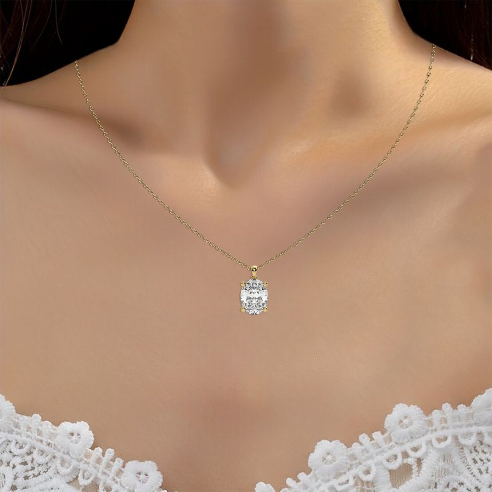 תליון סוליטר עם מתלה לשרשרת דגם 50082 כסף מצופה זהב צהוב במרכז יהלום מעבדה במשקל כולל של 5 קראט בחיתוך אובל עם תעודה גמולוגית אירופאית IGI – תמונה 6