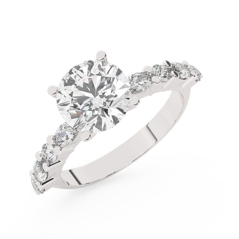 טבעת אירוסין סוליטר ויהלומים בצדדים דגם 50068 כסף מצופה זהב לבן במרכז אבן מעבדה מוסונייט 4 קראט בחיתוך עגול עם תעודה גמולוגית בינלאומית GRA מסביב ובצדדים אבני מעבדה מוסונייט במשקל של 0.40 קראט בנוסף 0.20 קראט