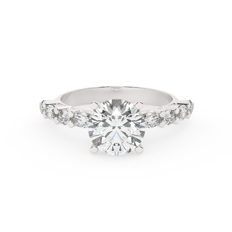 טבעת אירוסין סוליטר ויהלומים בצדדים דגם 50068 כסף מצופה זהב לבן במרכז אבן מעבדה מוסונייט 4 קראט בחיתוך עגול עם תעודה גמולוגית בינלאומית GRA מסביב ובצדדים אבני מעבדה מוסונייט במשקל של 0.40 קראט בנוסף 0.20 קראט – תמונה 2