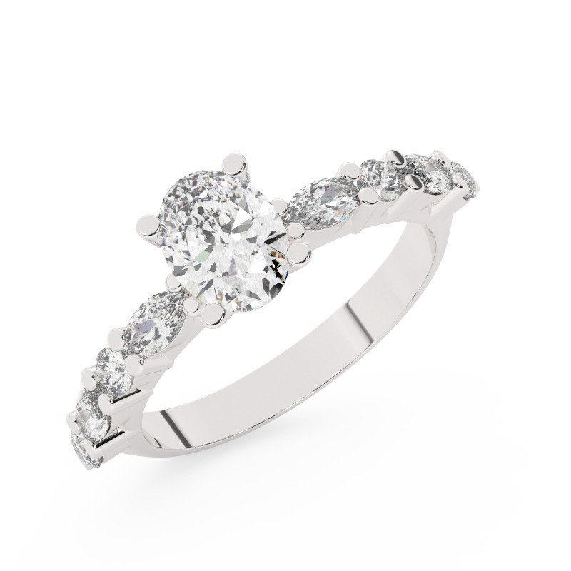 טבעת אירוסין סוליטר ויהלומים בצדדים דגם 50068 כסף מצופה זהב לבן במרכז יהלום מעבדה 1 קראט בחיתוך אובל עם תעודה גמולוגית אירופאית IGI מסביב ובצדדים יהלומי מעבדה במשקל של 0.40 קראט בנוסף 0.20 קראט