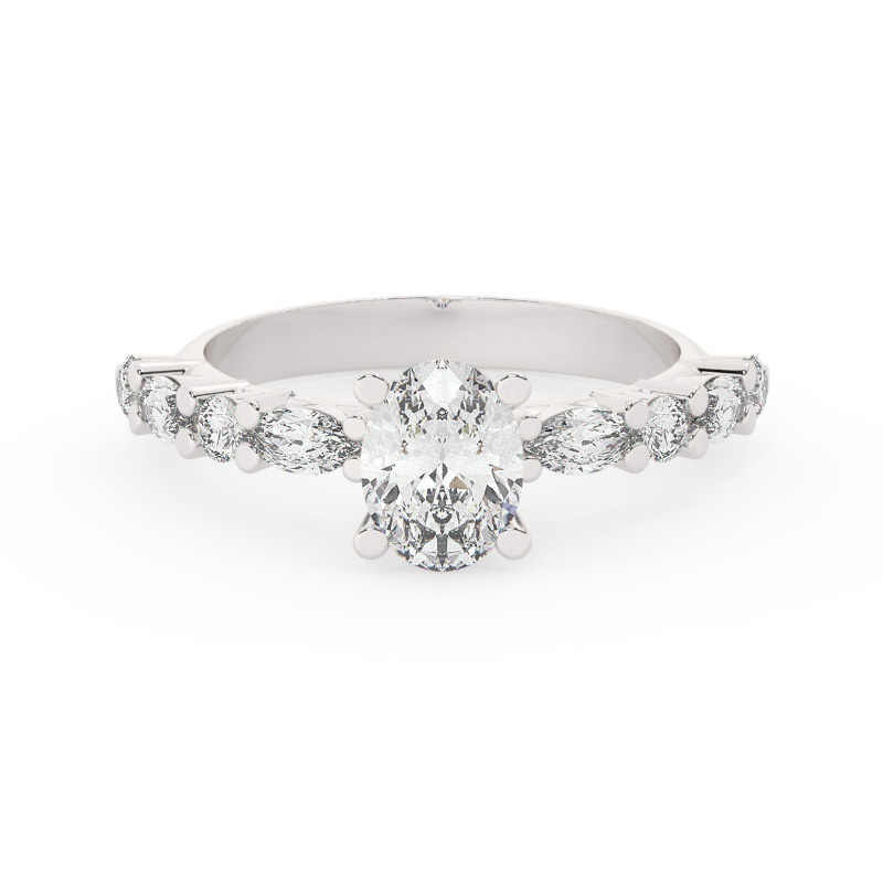 טבעת אירוסין סוליטר ויהלומים בצדדים דגם 50068 כסף מצופה זהב לבן במרכז יהלום מעבדה 1 קראט בחיתוך אובל עם תעודה גמולוגית אירופאית IGI מסביב ובצדדים יהלומי מעבדה במשקל של 0.40 קראט בנוסף 0.20 קראט – תמונה 2