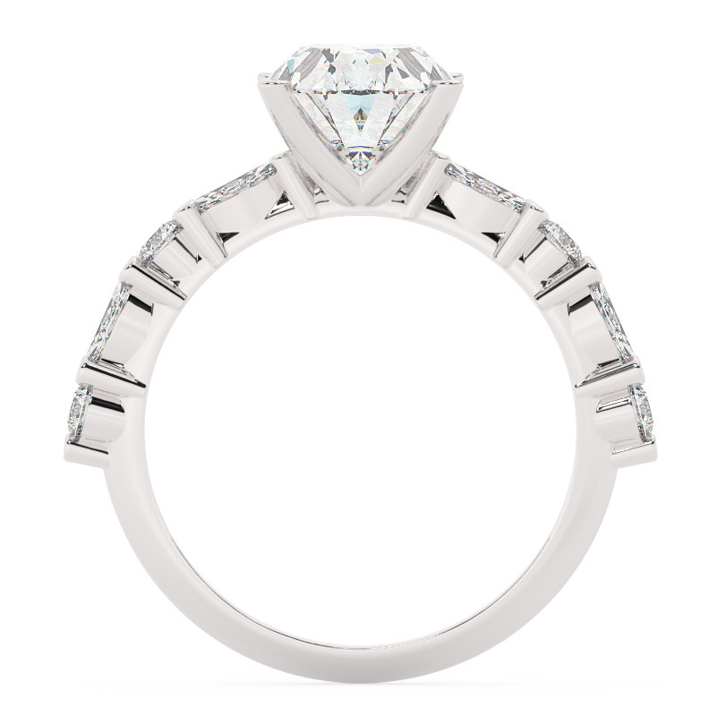 טבעת אירוסין סוליטר ויהלומים בצדדים דגם 50068 כסף מצופה זהב לבן במרכז אבן מעבדה מוסונייט 3 קראט בחיתוך אובל עם תעודה גמולוגית בינלאומית GRA מסביב ובצדדים אבני מעבדה מוסונייט במשקל של 0.40 קראט בנוסף 0.20 קראט – תמונה 3