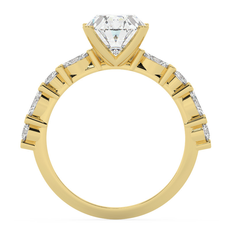 טבעת אירוסין סוליטר ויהלומים בצדדים דגם 50068 כסף מצופה זהב צהוב במרכז אבן מעבדה מוסונייט 4 קראט בחיתוך אובל עם תעודה גמולוגית בינלאומית GRA מסביב ובצדדים אבני מעבדה מוסונייט במשקל של 0.40 קראט בנוסף 0.20 קראט – תמונה 3