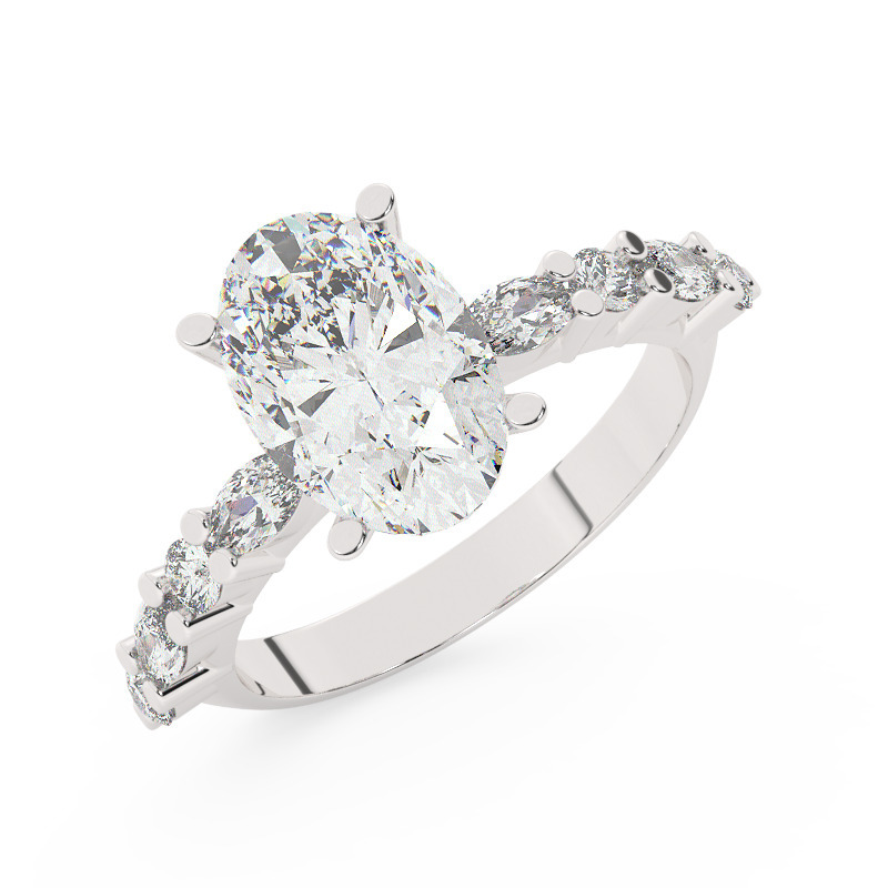 טבעת אירוסין סוליטר ויהלומים בצדדים דגם 50068 כסף מצופה זהב לבן במרכז אבן מעבדה מוסונייט 5 קראט בחיתוך אובל עם תעודה גמולוגית בינלאומית GRA מסביב ובצדדים אבני מעבדה מוסונייט במשקל של 0.40 קראט בנוסף 0.20 קראט