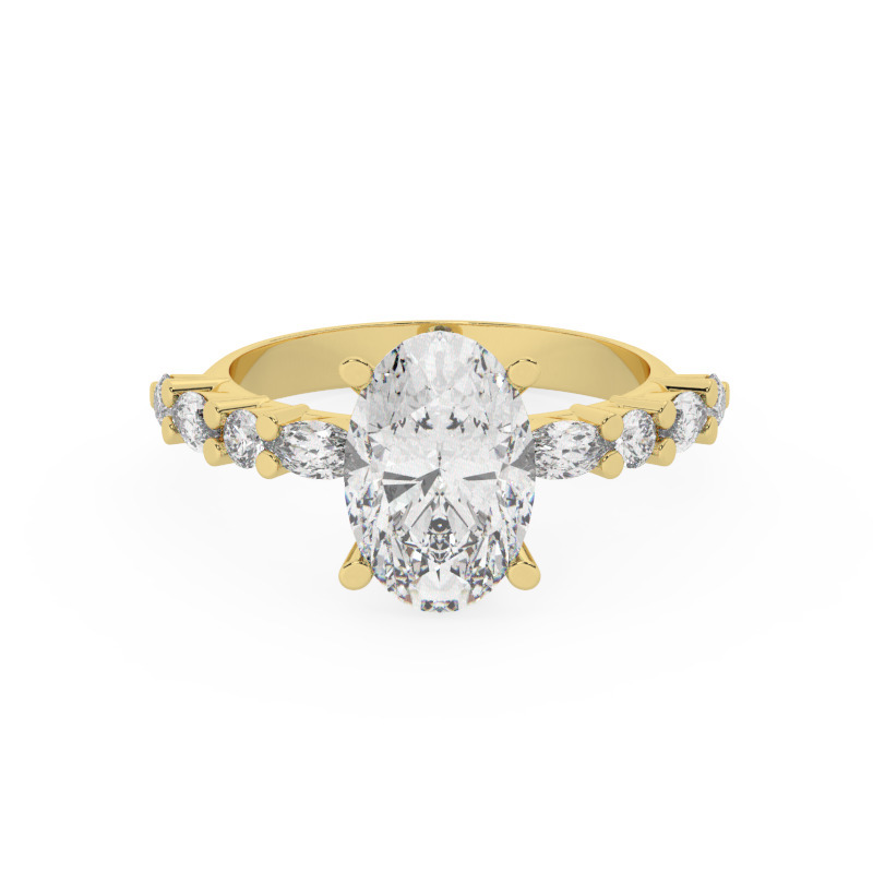 טבעת אירוסין סוליטר ויהלומים בצדדים דגם 50068 כסף מצופה זהב צהוב במרכז אבן מעבדה מוסונייט 5 קראט בחיתוך אובל עם תעודה גמולוגית בינלאומית GRA מסביב ובצדדים אבני מעבדה מוסונייט במשקל של 0.40 קראט בנוסף 0.20 קראט – תמונה 2