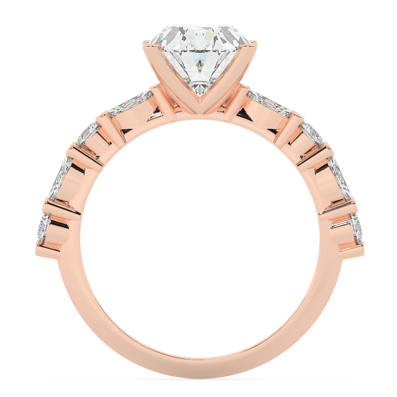 טבעת אירוסין סוליטר ויהלומים בצדדים דגם 50068 כסף מצופה זהב אדום רוזגולד במרכז אבן מעבדה מוסונייט 5 קראט בחיתוך אובל עם תעודה גמולוגית בינלאומית GRA מסביב ובצדדים אבני מעבדה מוסונייט במשקל של 0.40 קראט בנוסף 0.20 קראט – תמונה 3