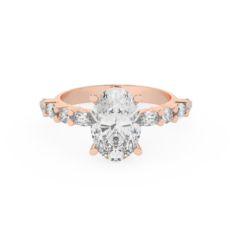 טבעת אירוסין סוליטר ויהלומים בצדדים דגם 50068 כסף מצופה זהב אדום רוזגולד במרכז אבן מעבדה מוסונייט 5 קראט בחיתוך אובל עם תעודה גמולוגית בינלאומית GRA מסביב ובצדדים אבני מעבדה מוסונייט במשקל של 0.40 קראט בנוסף 0.20 קראט – תמונה 2