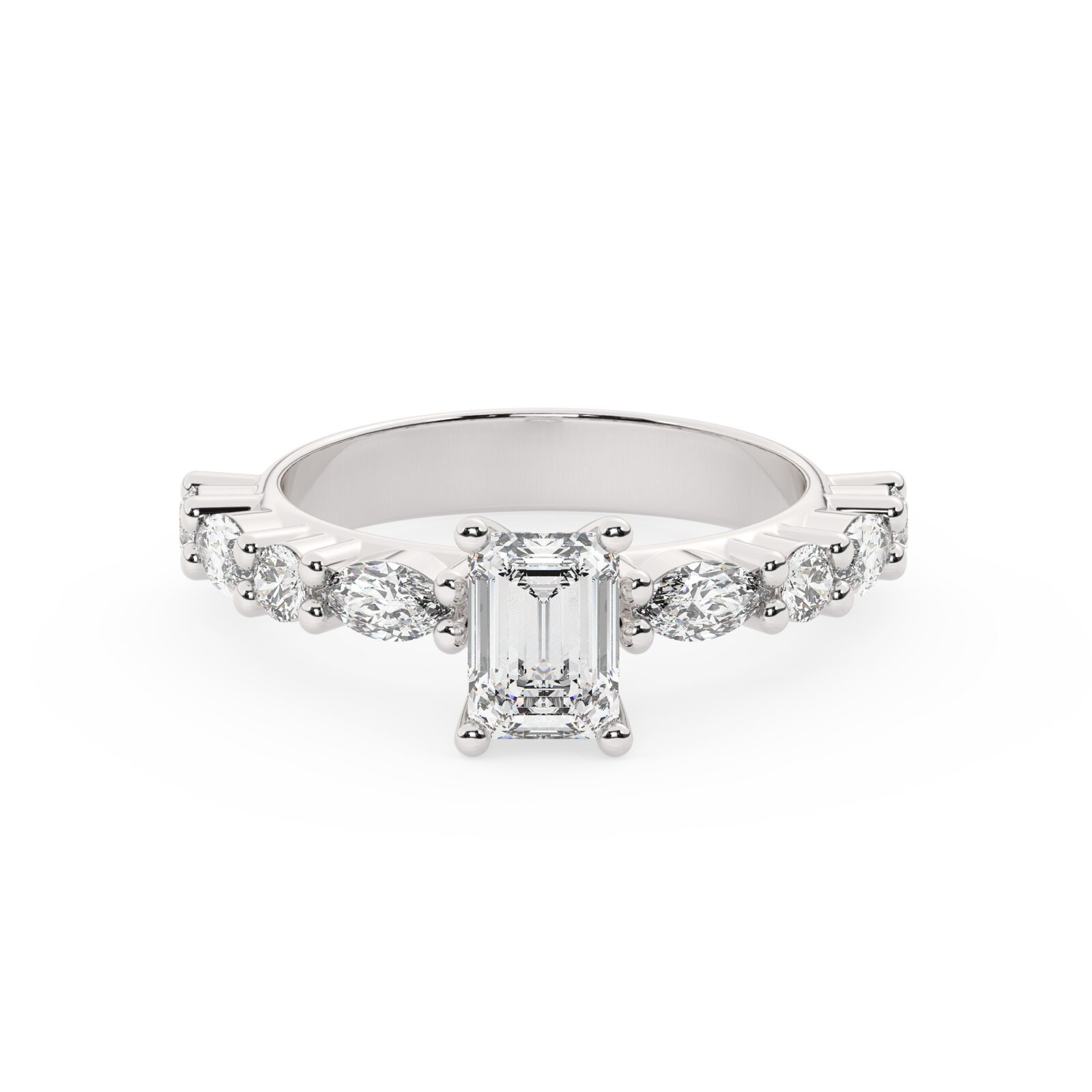 טבעת אירוסין סוליטר ויהלומים בצדדים דגם 50068 כסף מצופה זהב לבן במרכז יהלום מעבדה 1 קראט בחיתוך אמרלד עם תעודה גמולוגית אירופאית IGI מסביב ובצדדים יהלומי מעבדה במשקל של 0.40 קראט בנוסף 0.20 קראט – תמונה 2