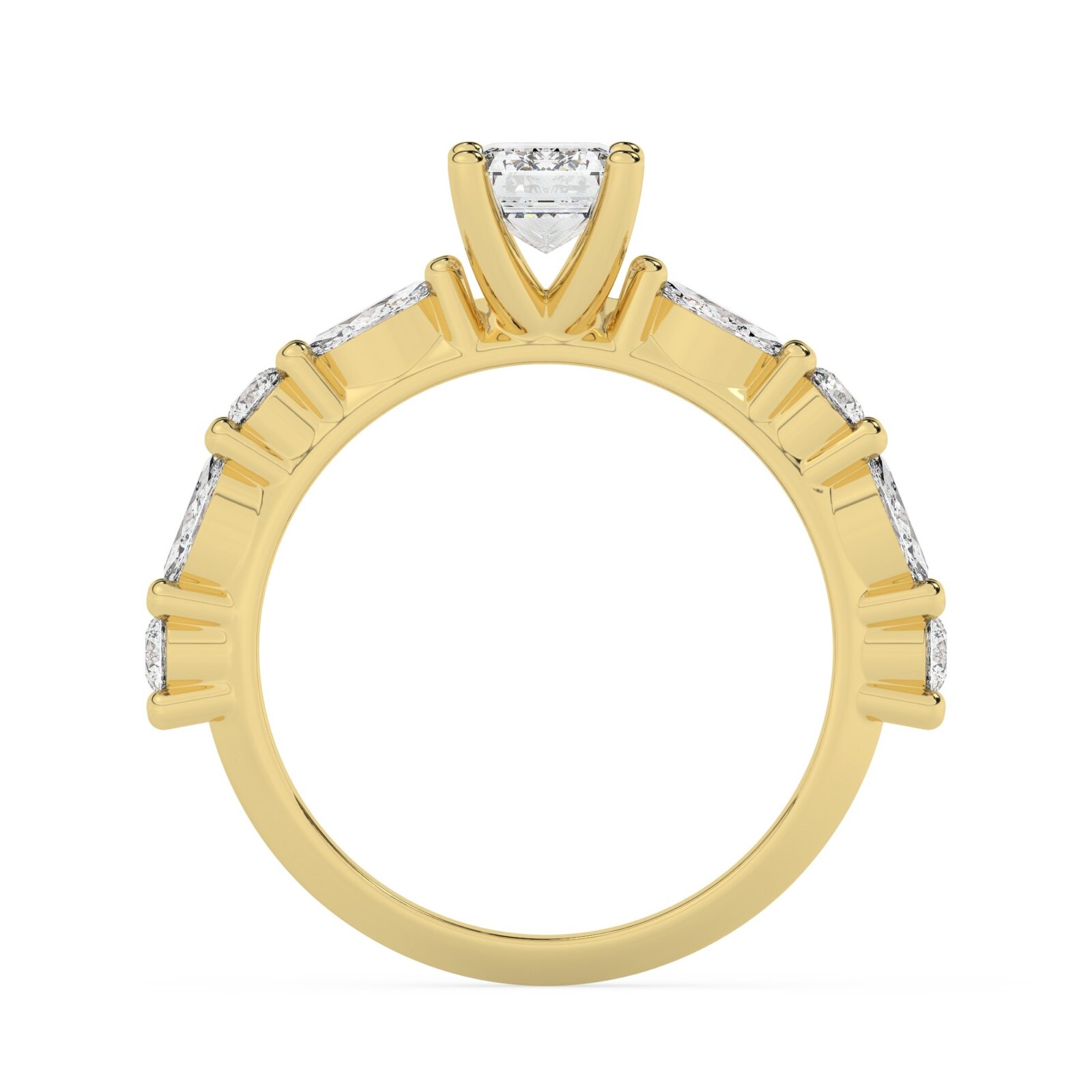 טבעת אירוסין סוליטר ויהלומים בצדדים דגם 50068 כסף מצופה זהב צהוב במרכז יהלום מעבדה 1 קראט בחיתוך אמרלד עם תעודה גמולוגית אירופאית IGI מסביב ובצדדים יהלומי מעבדה במשקל של 0.40 קראט בנוסף 0.20 קראט – תמונה 3