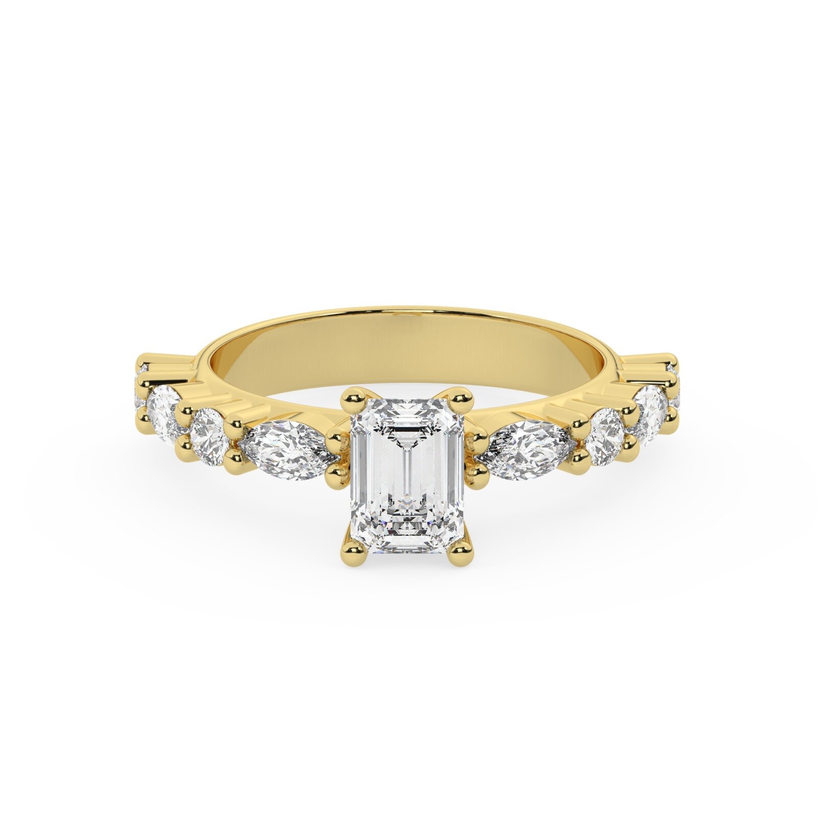 טבעת אירוסין סוליטר ויהלומים בצדדים דגם 50068 כסף מצופה זהב צהוב במרכז יהלום מעבדה 1 קראט בחיתוך אמרלד עם תעודה גמולוגית אירופאית IGI מסביב ובצדדים יהלומי מעבדה במשקל של 0.40 קראט בנוסף 0.20 קראט – תמונה 2