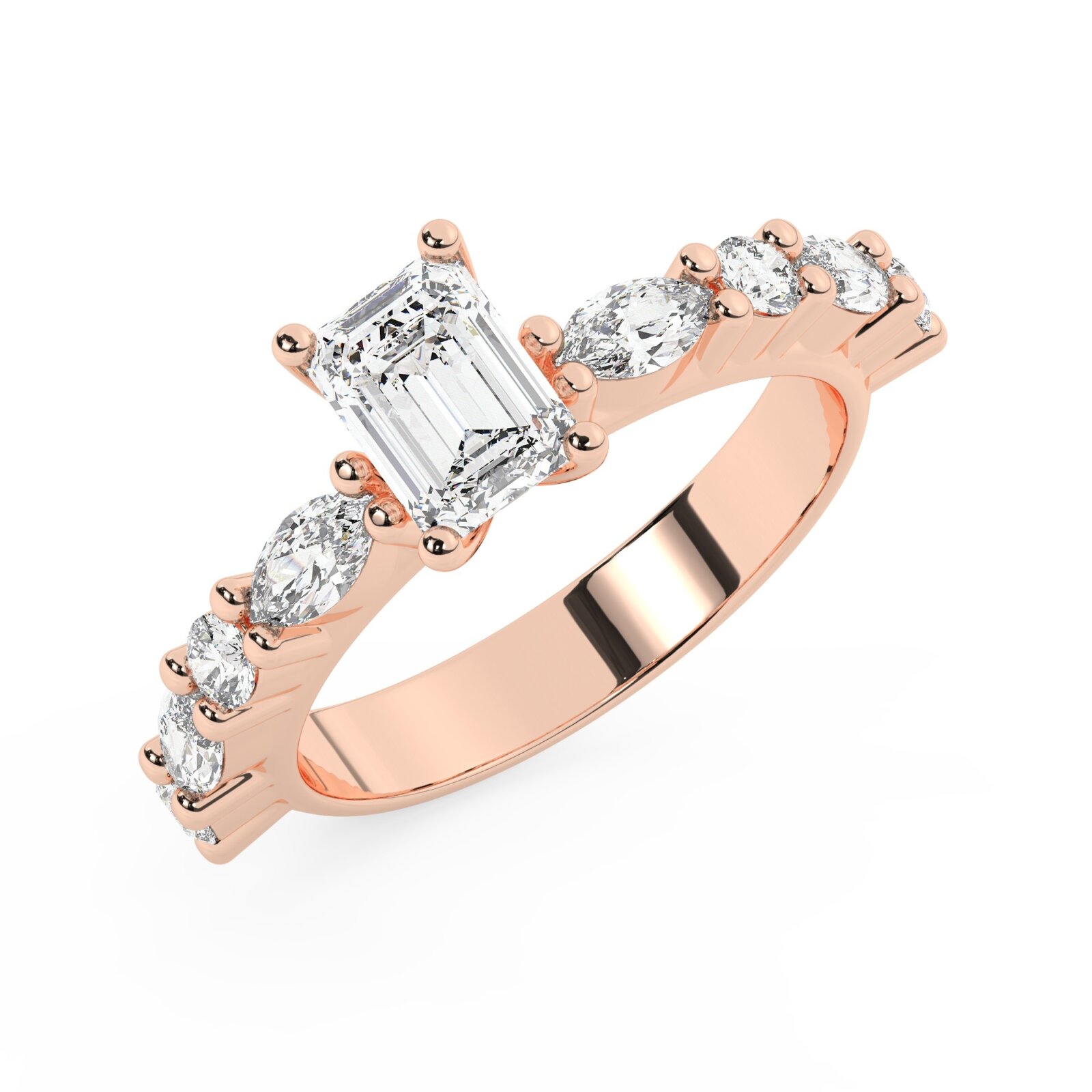 טבעת אירוסין סוליטר ויהלומים בצדדים דגם 50068 כסף מצופה זהב אדום רוזגולד במרכז יהלום מעבדה 1 קראט בחיתוך אמרלד עם תעודה גמולוגית אירופאית IGI מסביב ובצדדים יהלומי מעבדה במשקל של 0.40 קראט בנוסף 0.20 קראט