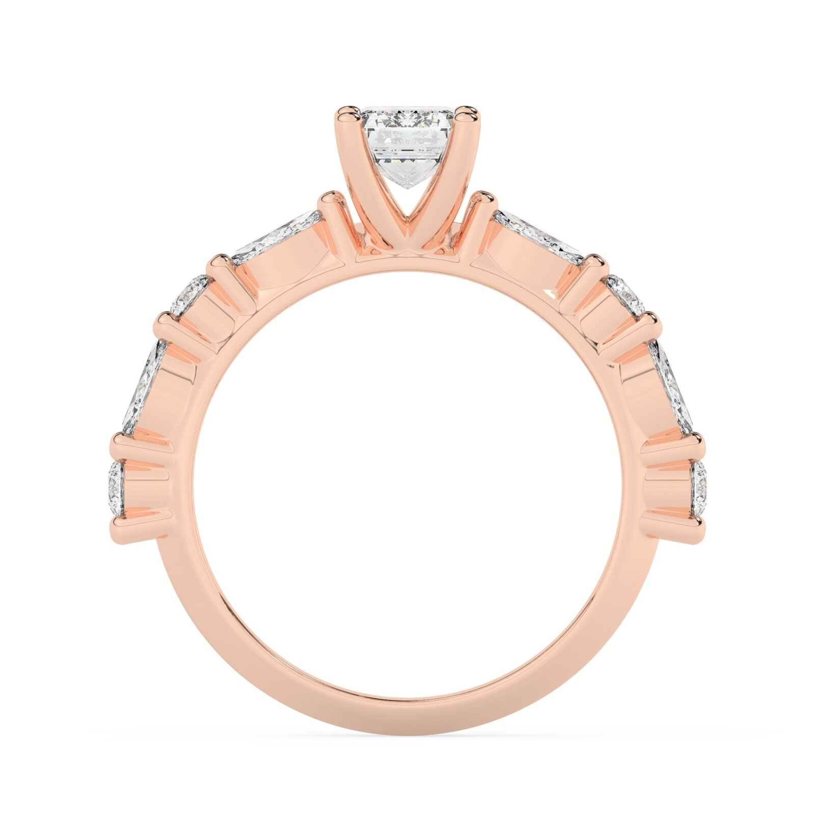 טבעת אירוסין סוליטר ויהלומים בצדדים דגם 50068 כסף מצופה זהב אדום רוזגולד במרכז יהלום מעבדה 1 קראט בחיתוך אמרלד עם תעודה גמולוגית אירופאית IGI מסביב ובצדדים יהלומי מעבדה במשקל של 0.40 קראט בנוסף 0.20 קראט – תמונה 3