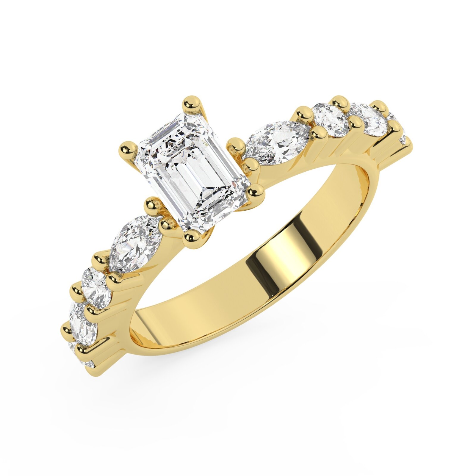 טבעת אירוסין סוליטר ויהלומים בצדדים דגם 50068 כסף מצופה זהב צהוב במרכז יהלום מעבדה 1.50 קראט בחיתוך אמרלד עם תעודה גמולוגית אירופאית IGI מסביב ובצדדים יהלומי מעבדה במשקל של 0.40 קראט בנוסף 0.20 קראט