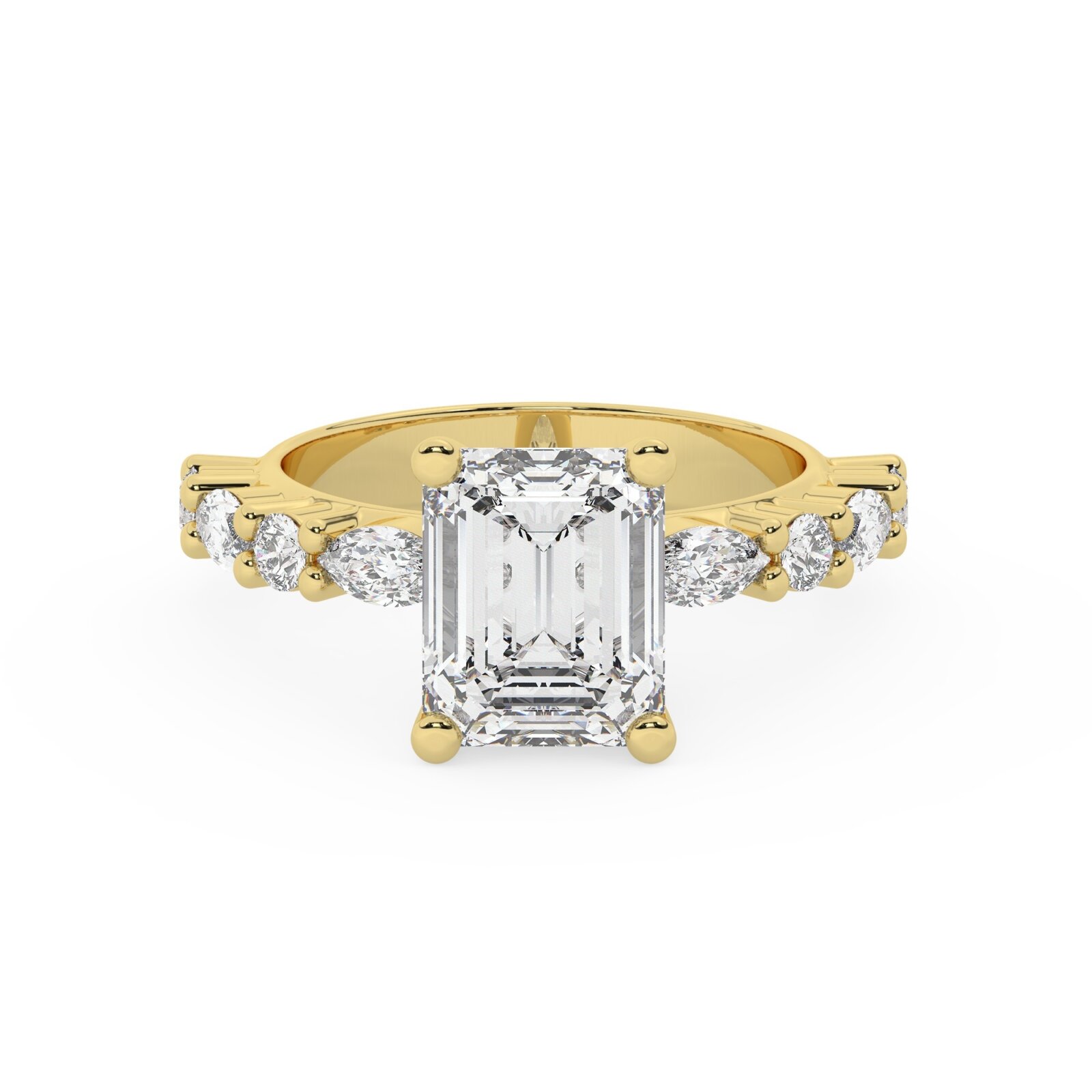 טבעת אירוסין סוליטר ויהלומים בצדדים דגם 50068 כסף מצופה זהב צהוב במרכז אבן מעבדה מוסונייט 4 קראט בחיתוך אמרלד עם תעודה גמולוגית בינלאומית GRA מסביב ובצדדים אבני מעבדה מוסונייט במשקל של 0.40 קראט בנוסף 0.20 קראט – תמונה 2