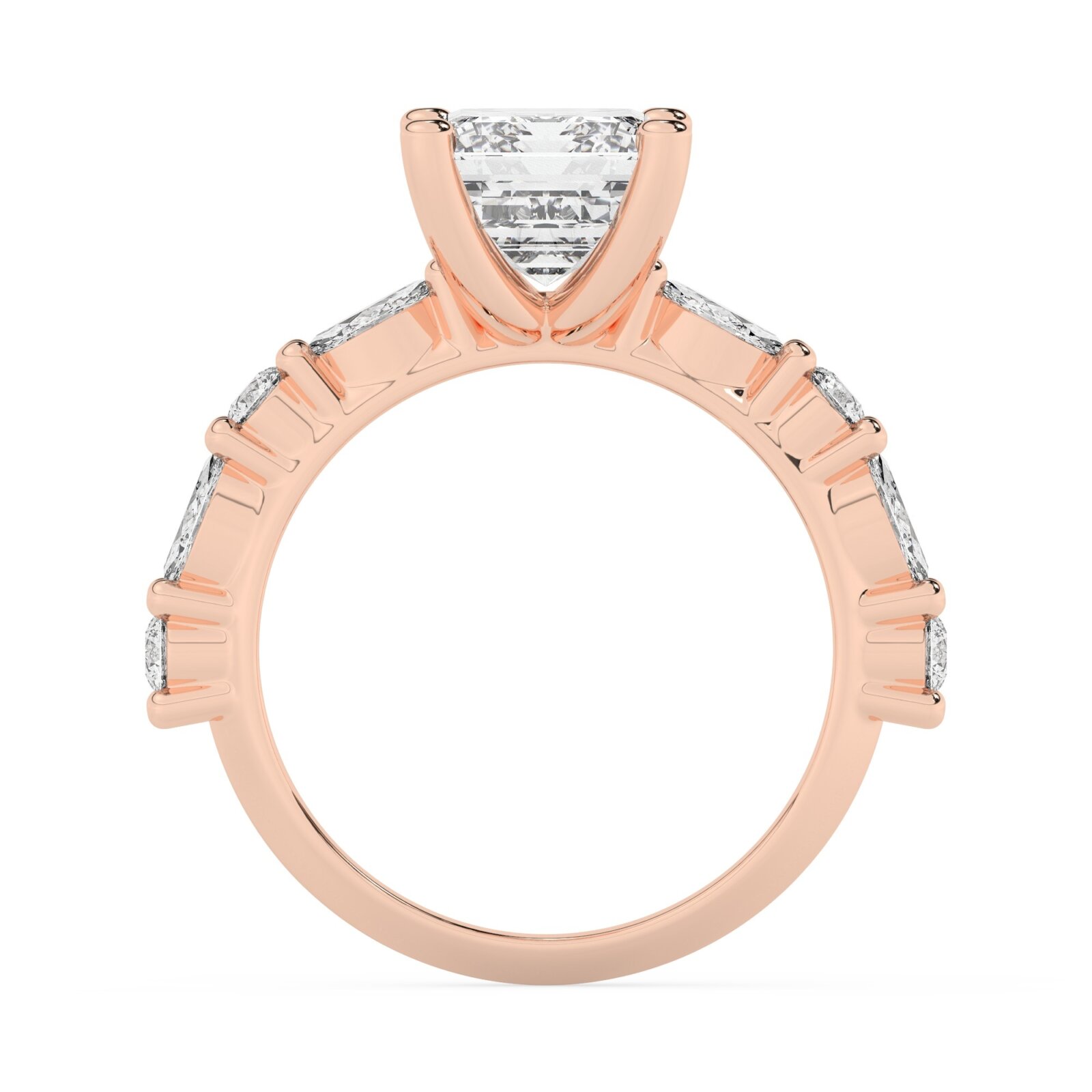 טבעת אירוסין סוליטר ויהלומים בצדדים דגם 50068 כסף מצופה זהב אדום רוזגולד במרכז אבן מעבדה מוסונייט 4 קראט בחיתוך אמרלד עם תעודה גמולוגית בינלאומית GRA מסביב ובצדדים אבני מעבדה מוסונייט במשקל של 0.40 קראט בנוסף 0.20 קראט – תמונה 3