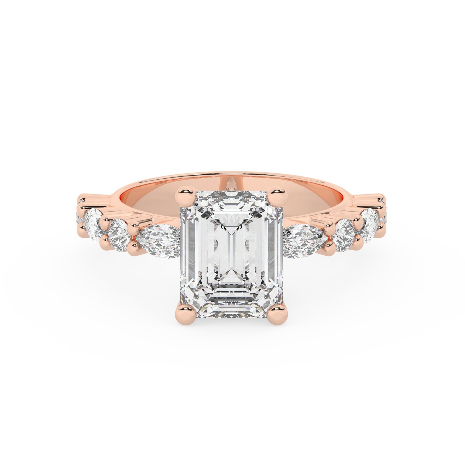 טבעת אירוסין סוליטר ויהלומים בצדדים דגם 50068 כסף מצופה זהב אדום רוזגולד במרכז אבן מעבדה מוסונייט 4 קראט בחיתוך אמרלד עם תעודה גמולוגית בינלאומית GRA מסביב ובצדדים אבני מעבדה מוסונייט במשקל של 0.40 קראט בנוסף 0.20 קראט – תמונה 2