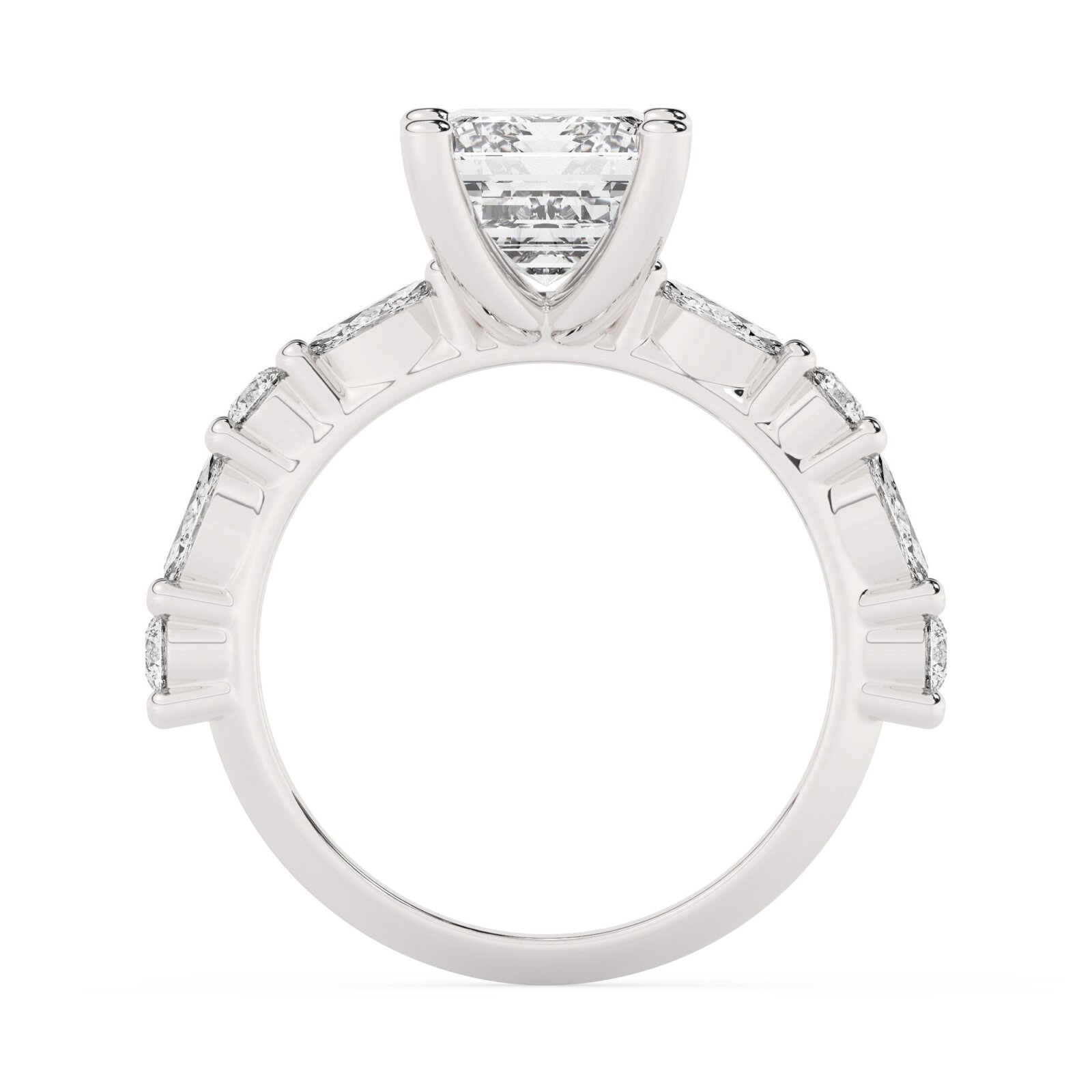 טבעת אירוסין סוליטר ויהלומים בצדדים דגם 50068 כסף מצופה זהב לבן במרכז אבן מעבדה מוסונייט 5 קראט בחיתוך אמרלד עם תעודה גמולוגית בינלאומית GRA מסביב ובצדדים אבני מעבדה מוסונייט במשקל של 0.40 קראט בנוסף 0.20 קראט – תמונה 3