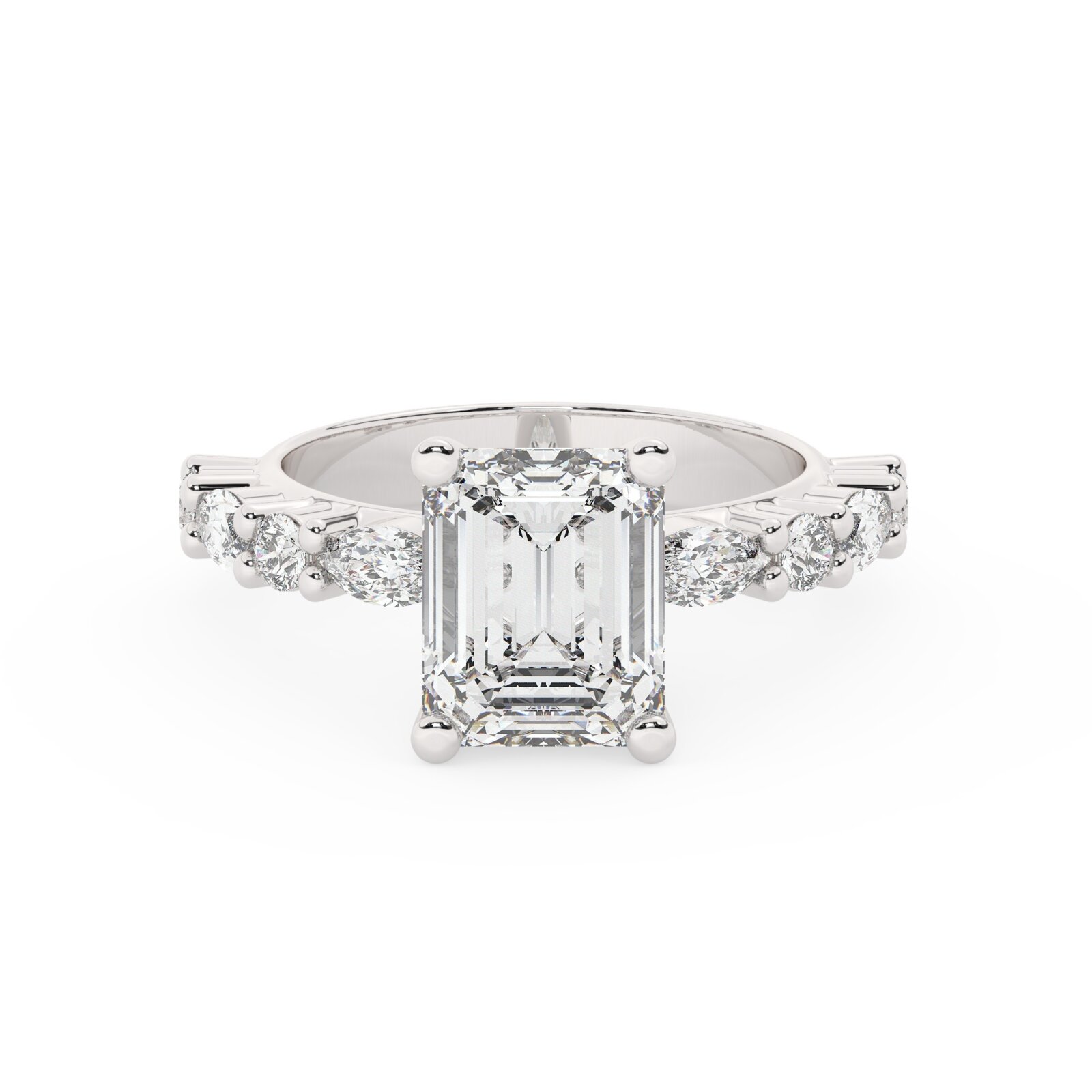 טבעת אירוסין סוליטר ויהלומים בצדדים דגם 50068 כסף מצופה זהב לבן במרכז אבן מעבדה מוסונייט 5 קראט בחיתוך אמרלד עם תעודה גמולוגית בינלאומית GRA מסביב ובצדדים אבני מעבדה מוסונייט במשקל של 0.40 קראט בנוסף 0.20 קראט – תמונה 2