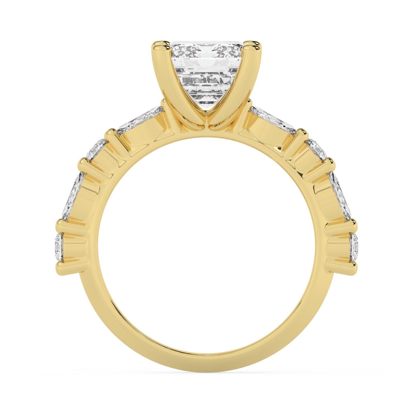 טבעת אירוסין סוליטר ויהלומים בצדדים דגם 50068 כסף מצופה זהב צהוב במרכז אבן מעבדה מוסונייט 5 קראט בחיתוך אמרלד עם תעודה גמולוגית בינלאומית GRA מסביב ובצדדים אבני מעבדה מוסונייט במשקל של 0.40 קראט בנוסף 0.20 קראט – תמונה 3