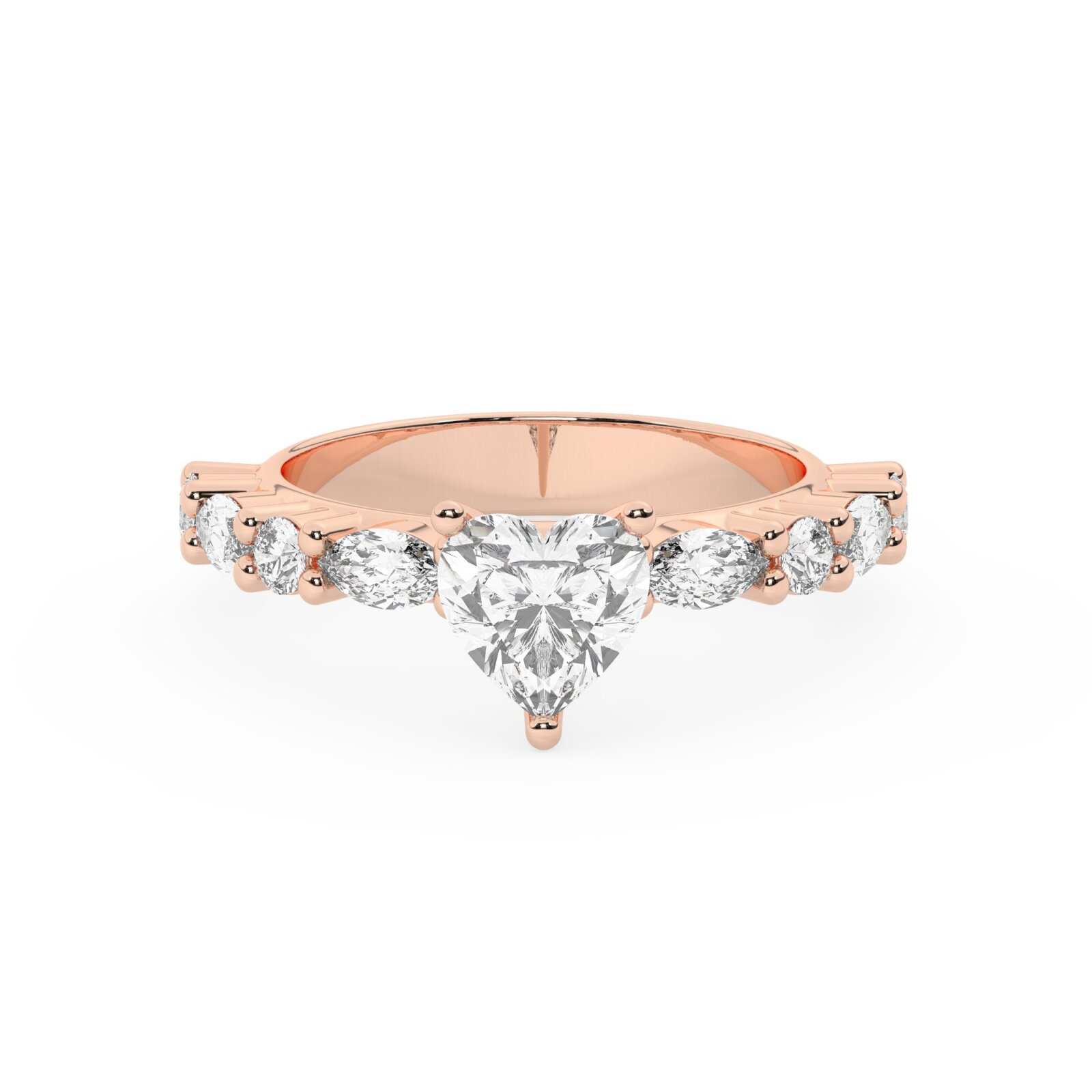 טבעת אירוסין סוליטר ויהלומים בצדדים דגם 50068 כסף מצופה זהב אדום רוזגולד במרכז יהלום מעבדה 1.50 קראט בחיתוך לב עם תעודה גמולוגית אירופאית IGI מסביב ובצדדים יהלומי מעבדה במשקל של 0.40 קראט בנוסף 0.20 קראט – תמונה 2