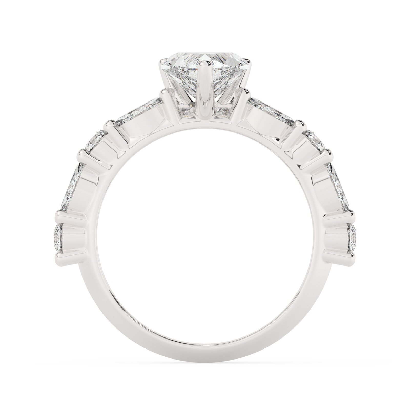 טבעת אירוסין סוליטר ויהלומים בצדדים דגם 50068 כסף מצופה זהב לבן במרכז אבן מעבדה מוסונייט 4 קראט בחיתוך לב עם תעודה גמולוגית בינלאומית GRA מסביב ובצדדים אבני מעבדה מוסונייט במשקל של 0.40 קראט בנוסף 0.20 קראט – תמונה 3