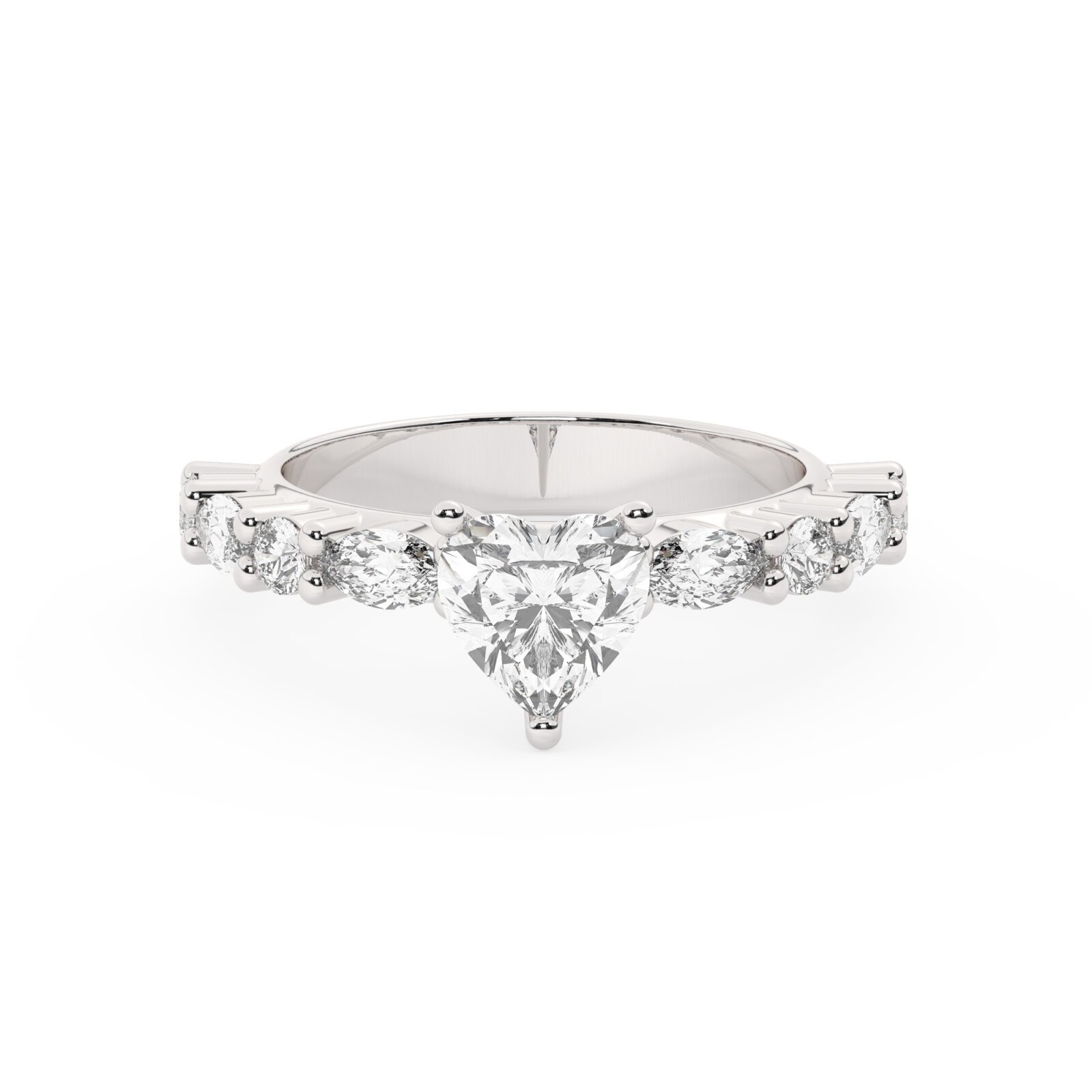 טבעת אירוסין סוליטר ויהלומים בצדדים דגם 50068 כסף מצופה זהב לבן במרכז אבן מעבדה מוסונייט 4 קראט בחיתוך לב עם תעודה גמולוגית בינלאומית GRA מסביב ובצדדים אבני מעבדה מוסונייט במשקל של 0.40 קראט בנוסף 0.20 קראט – תמונה 2