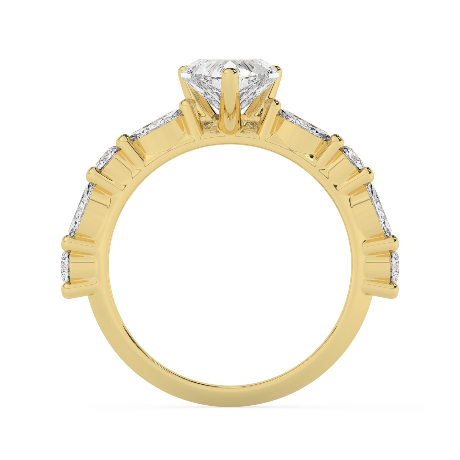 טבעת אירוסין סוליטר ויהלומים בצדדים דגם 50068 כסף מצופה זהב צהוב במרכז אבן מעבדה מוסונייט 5 קראט בחיתוך לב עם תעודה גמולוגית בינלאומית GRA מסביב ובצדדים אבני מעבדה מוסונייט במשקל של 0.40 קראט בנוסף 0.20 קראט – תמונה 3