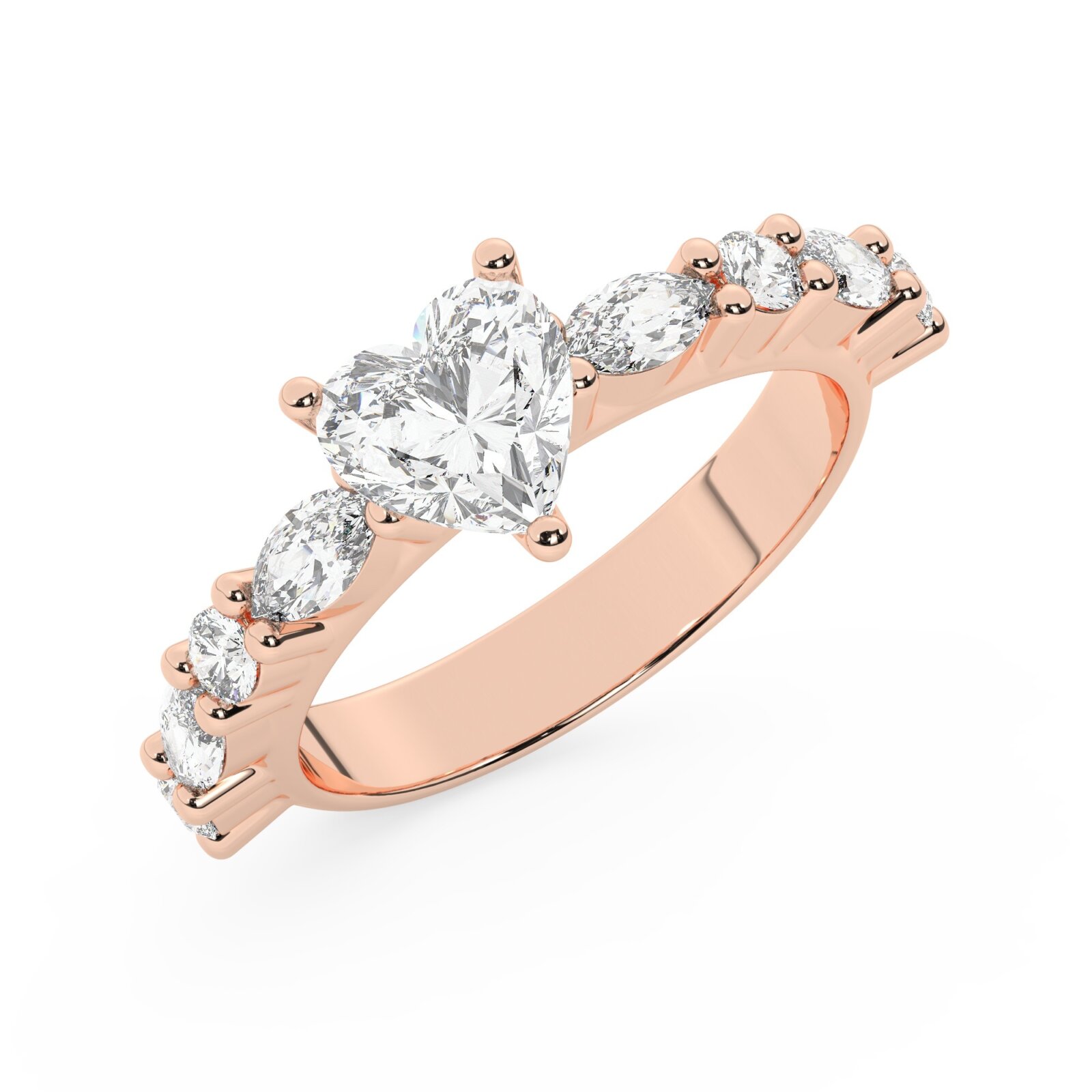 טבעת אירוסין סוליטר ויהלומים בצדדים דגם 50068 כסף מצופה זהב אדום רוזגולד במרכז יהלום מעבדה 0.50 קראט בחיתוך לב עם תעודה גמולוגית מסביב ובצדדים יהלומי מעבדה במשקל של 0.40 קראט בנוסף 0.20 קראט