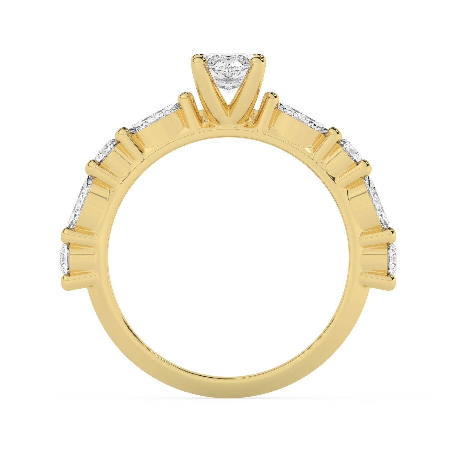 טבעת אירוסין סוליטר ויהלומים בצדדים דגם 50068 כסף מצופה זהב צהוב במרכז יהלום מעבדה 1 קראט בחיתוך מרקיזה עם תעודה גמולוגית אירופאית IGI מסביב ובצדדים יהלומי מעבדה במשקל של 0.40 קראט בנוסף 0.20 קראט – תמונה 3