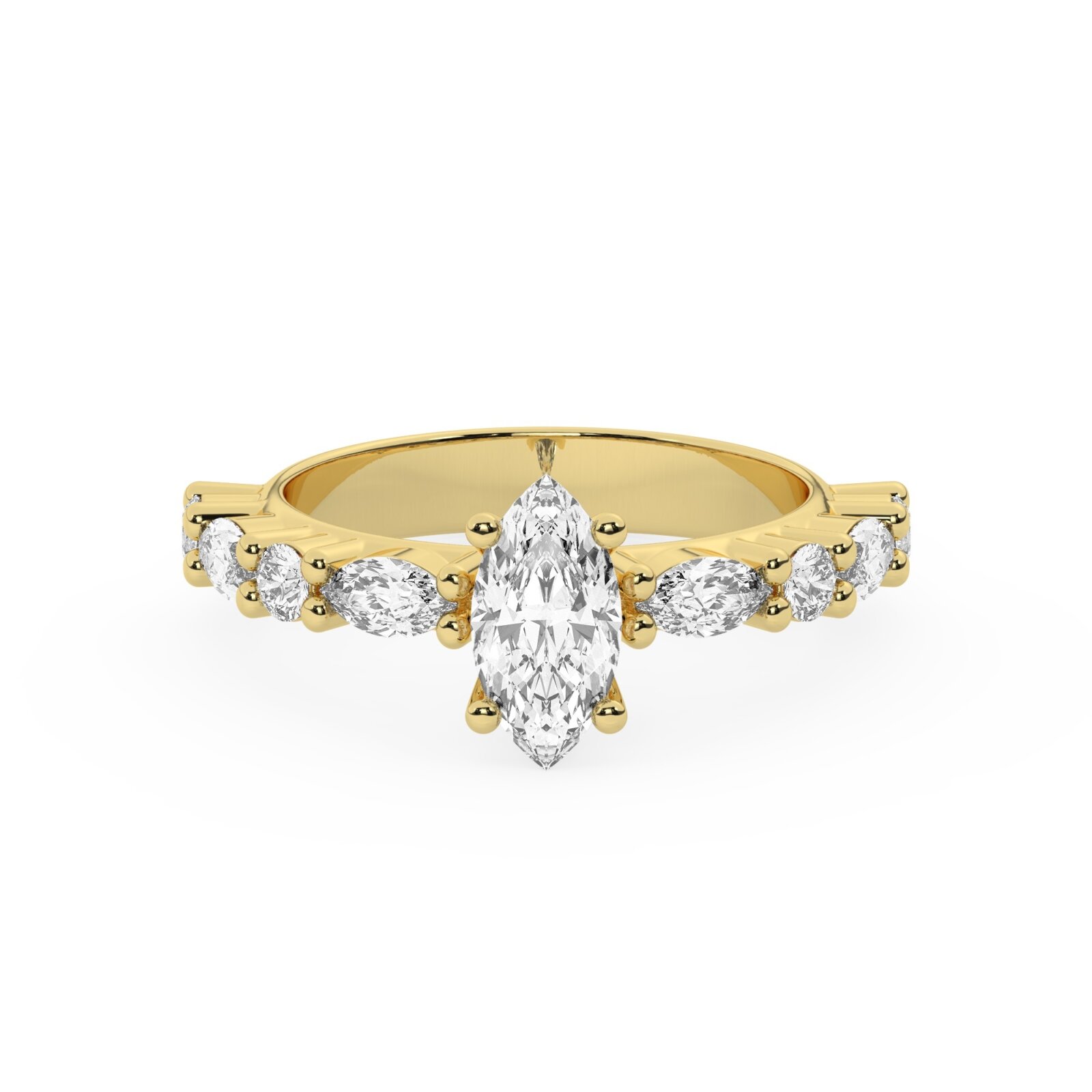 טבעת אירוסין סוליטר ויהלומים בצדדים דגם 50068 כסף מצופה זהב צהוב במרכז יהלום מעבדה 1 קראט בחיתוך מרקיזה עם תעודה גמולוגית אירופאית IGI מסביב ובצדדים יהלומי מעבדה במשקל של 0.40 קראט בנוסף 0.20 קראט – תמונה 2