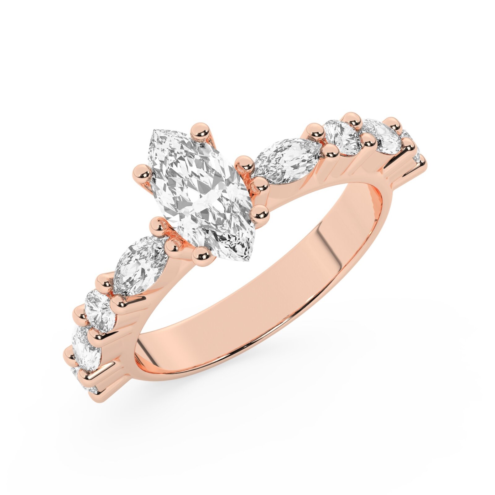 טבעת אירוסין סוליטר ויהלומים בצדדים דגם 50068 כסף מצופה זהב אדום רוזגולד במרכז יהלום מעבדה 1 קראט בחיתוך מרקיזה עם תעודה גמולוגית אירופאית IGI מסביב ובצדדים יהלומי מעבדה במשקל של 0.40 קראט בנוסף 0.20 קראט