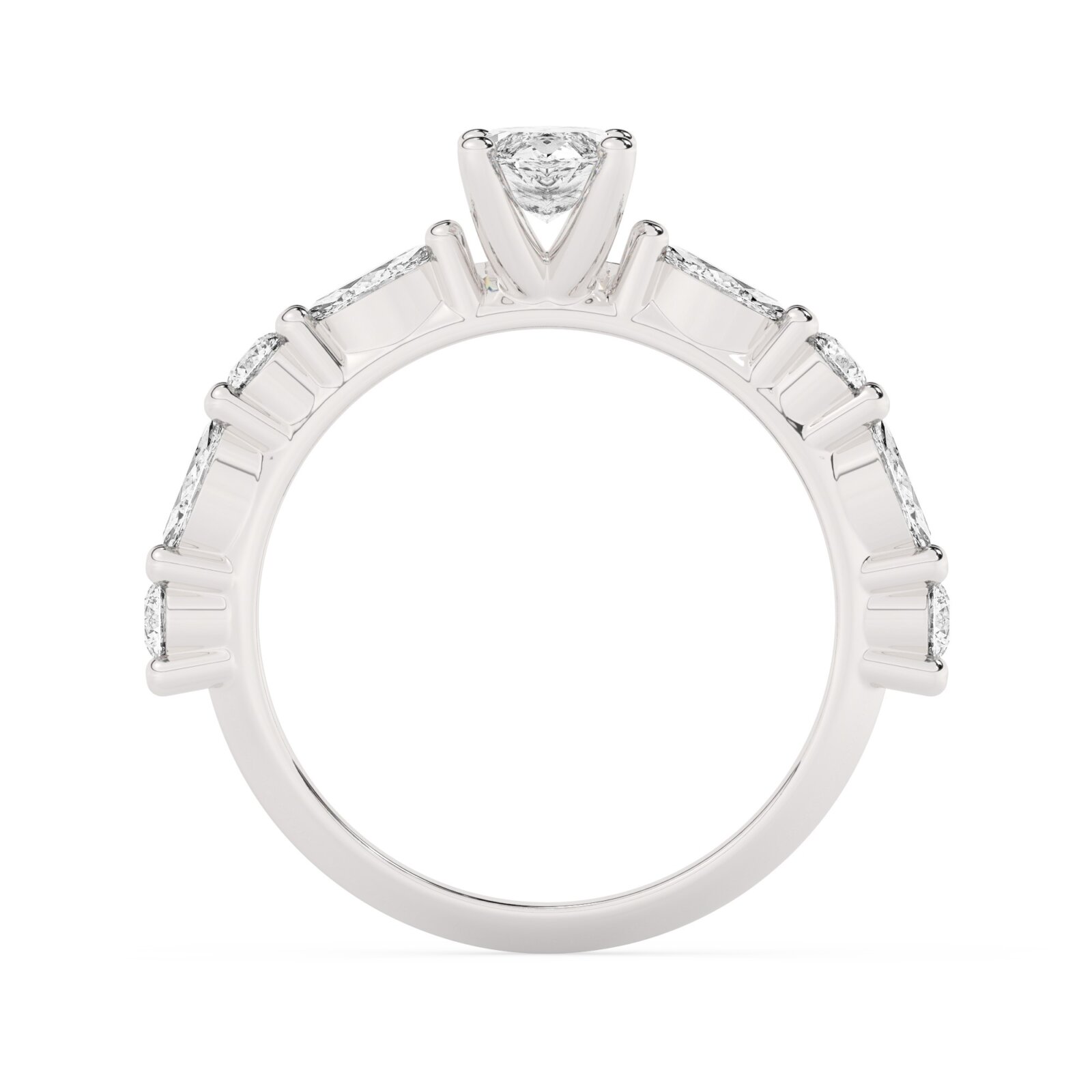 טבעת אירוסין סוליטר ויהלומים בצדדים דגם 50068 כסף מצופה זהב לבן במרכז יהלום מעבדה 1.50 קראט בחיתוך מרקיזה עם תעודה גמולוגית אירופאית IGI מסביב ובצדדים יהלומי מעבדה במשקל של 0.40 קראט בנוסף 0.20 קראט – תמונה 3