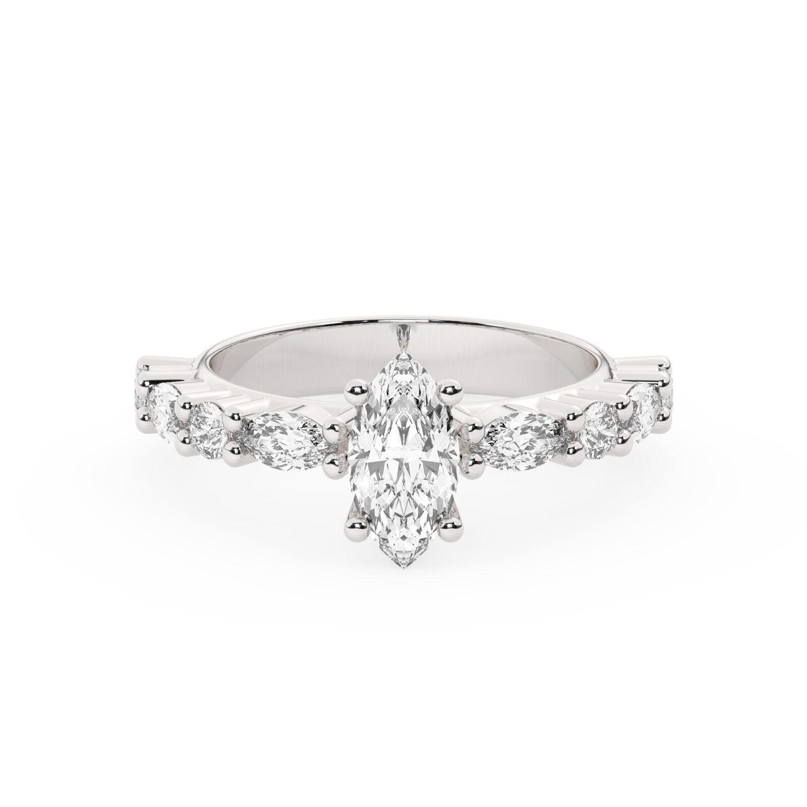 טבעת אירוסין סוליטר ויהלומים בצדדים דגם 50068 כסף מצופה זהב לבן במרכז יהלום מעבדה 1.50 קראט בחיתוך מרקיזה עם תעודה גמולוגית אירופאית IGI מסביב ובצדדים יהלומי מעבדה במשקל של 0.40 קראט בנוסף 0.20 קראט – תמונה 2