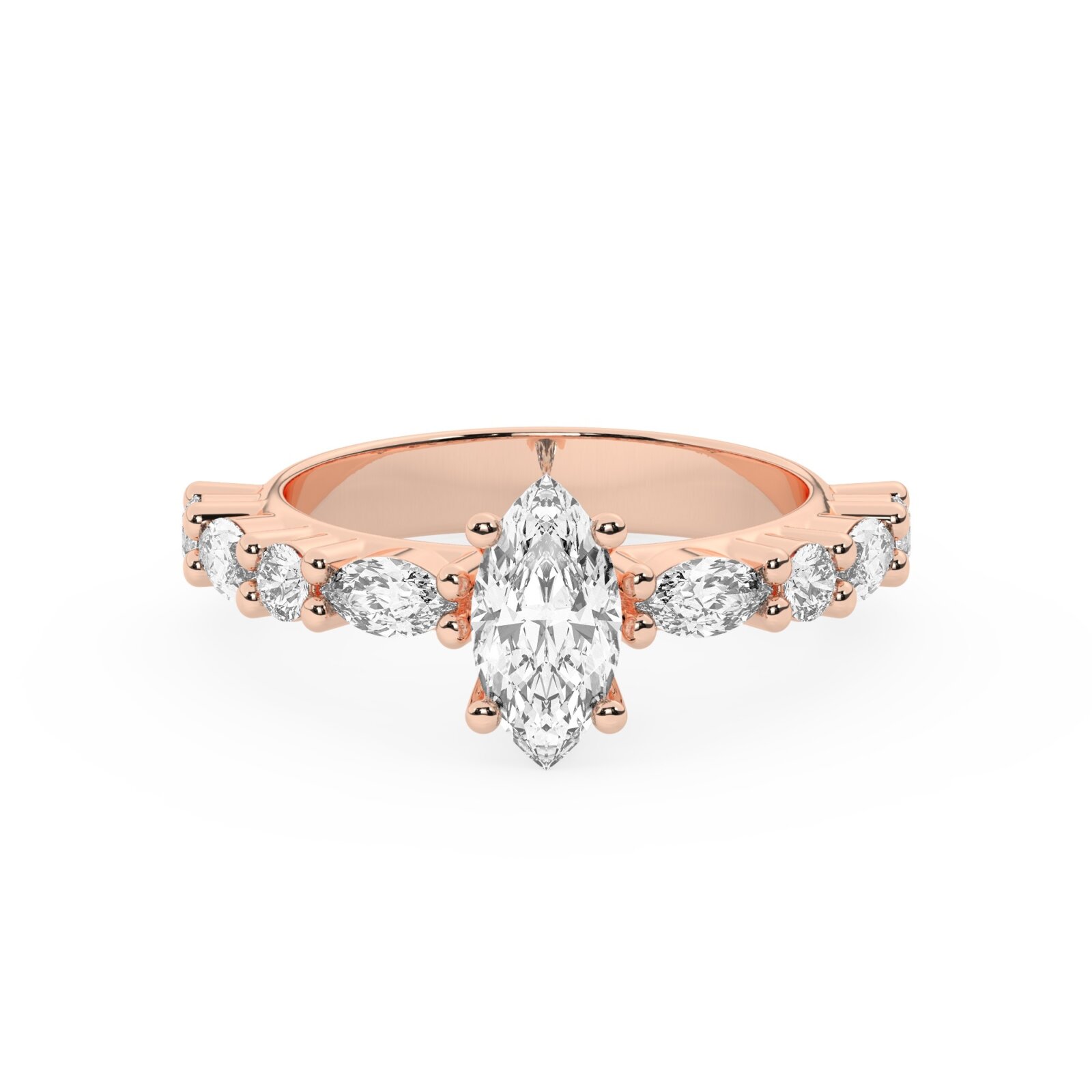 טבעת אירוסין סוליטר ויהלומים בצדדים דגם 50068 כסף מצופה זהב אדום רוזגולד במרכז יהלום מעבדה 1.50 קראט בחיתוך מרקיזה עם תעודה גמולוגית אירופאית IGI מסביב ובצדדים יהלומי מעבדה במשקל של 0.40 קראט בנוסף 0.20 קראט – תמונה 2