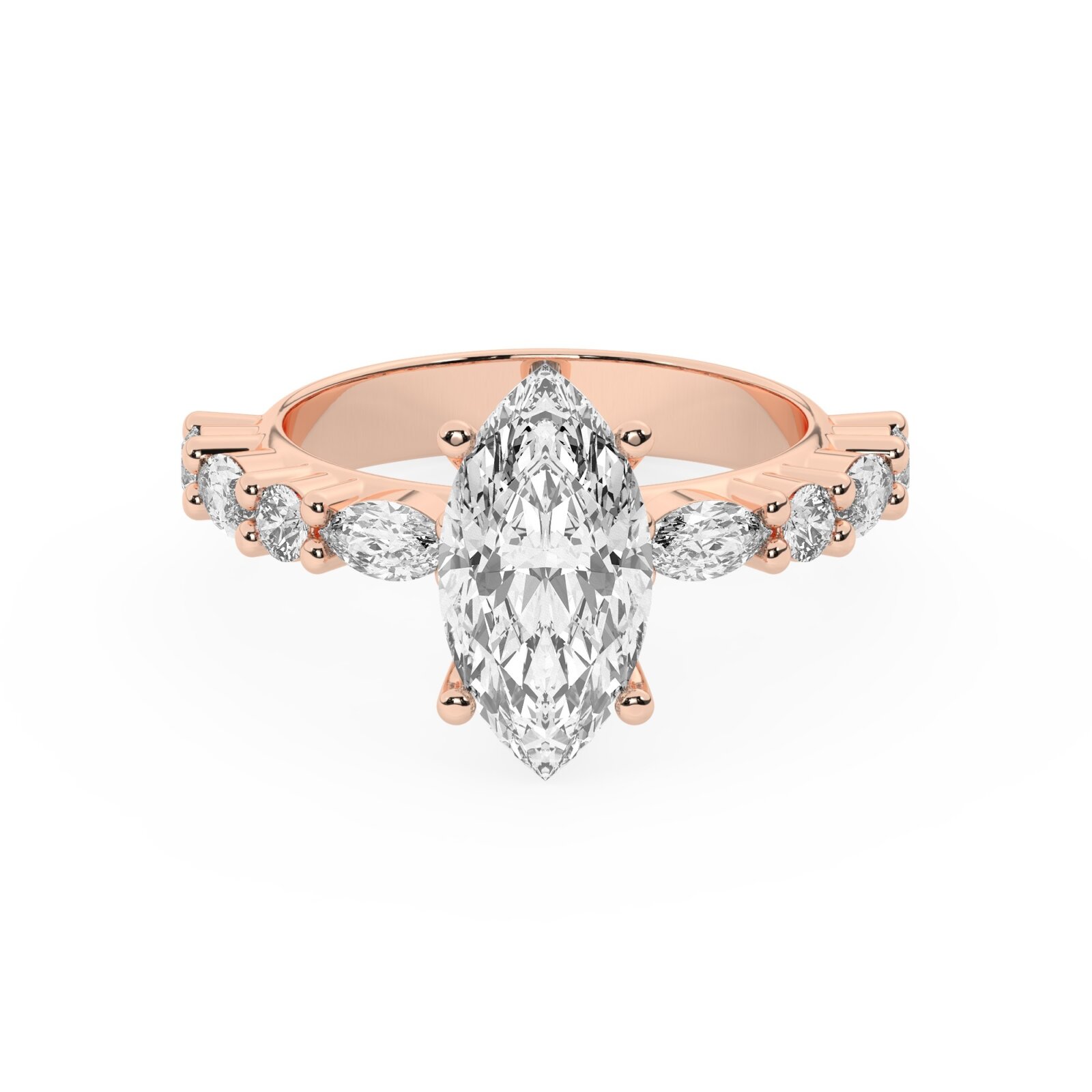 טבעת אירוסין סוליטר ויהלומים בצדדים דגם 50068 כסף מצופה זהב אדום רוזגולד במרכז יהלום מעבדה 3 קראט בחיתוך מרקיזה עם תעודה גמולוגית אירופאית IGI מסביב ובצדדים יהלומי מעבדה במשקל של 0.40 קראט בנוסף 0.20 קראט – תמונה 2