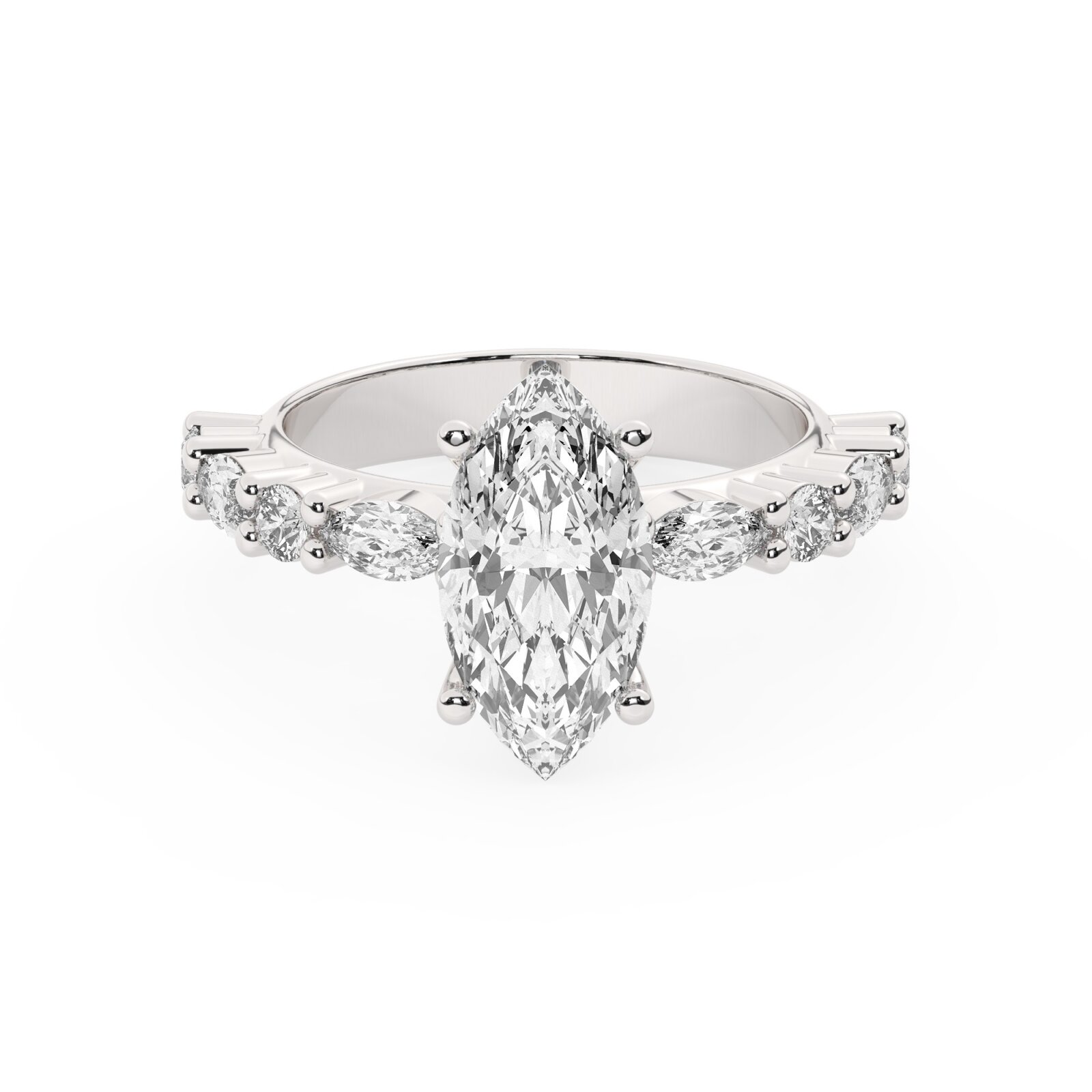 טבעת אירוסין סוליטר ויהלומים בצדדים דגם 50068 כסף מצופה זהב לבן במרכז אבן מעבדה מוסונייט 4 קראט בחיתוך מרקיזה עם תעודה גמולוגית בינלאומית GRA מסביב ובצדדים אבני מעבדה מוסונייט במשקל של 0.40 קראט בנוסף 0.20 קראט – תמונה 2