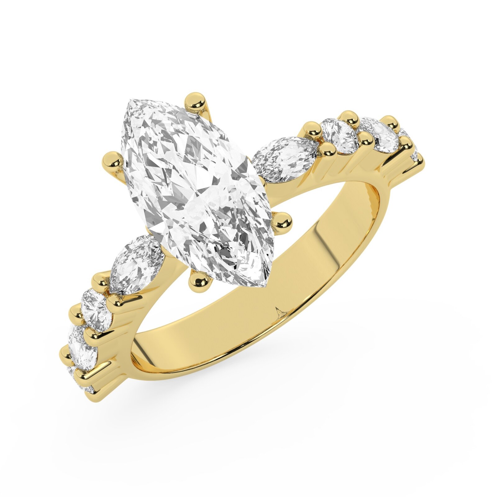 טבעת אירוסין סוליטר ויהלומים בצדדים דגם 50068 כסף מצופה זהב צהוב במרכז אבן מעבדה מוסונייט 4 קראט בחיתוך מרקיזה עם תעודה גמולוגית בינלאומית GRA מסביב ובצדדים אבני מעבדה מוסונייט במשקל של 0.40 קראט בנוסף 0.20 קראט