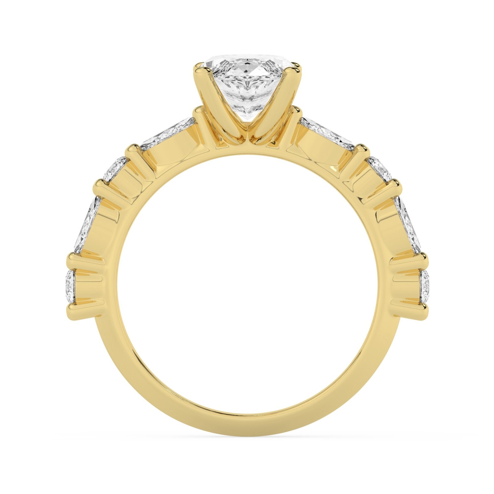 טבעת אירוסין סוליטר ויהלומים בצדדים דגם 50068 כסף מצופה זהב צהוב במרכז אבן מעבדה מוסונייט 4 קראט בחיתוך מרקיזה עם תעודה גמולוגית בינלאומית GRA מסביב ובצדדים אבני מעבדה מוסונייט במשקל של 0.40 קראט בנוסף 0.20 קראט – תמונה 3