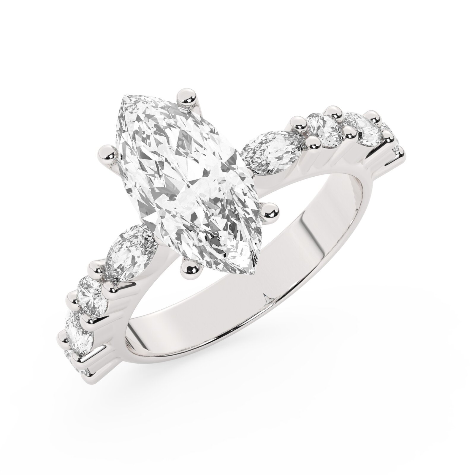 טבעת אירוסין סוליטר ויהלומים בצדדים דגם 50068 כסף מצופה זהב לבן במרכז אבן מעבדה מוסונייט 5 קראט בחיתוך מרקיזה עם תעודה גמולוגית בינלאומית GRA מסביב ובצדדים אבני מעבדה מוסונייט במשקל של 0.40 קראט בנוסף 0.20 קראט