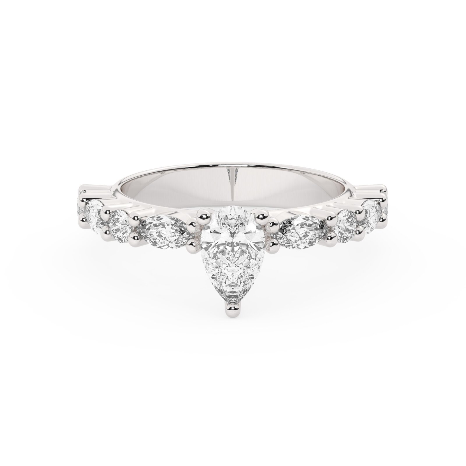 טבעת אירוסין סוליטר ויהלומים בצדדים דגם 50068 כסף מצופה זהב לבן במרכז יהלום מעבדה 1 קראט בחיתוך טיפה עם תעודה גמולוגית אירופאית IGI מסביב ובצדדים יהלומי מעבדה במשקל של 0.40 קראט בנוסף 0.20 קראט – תמונה 2