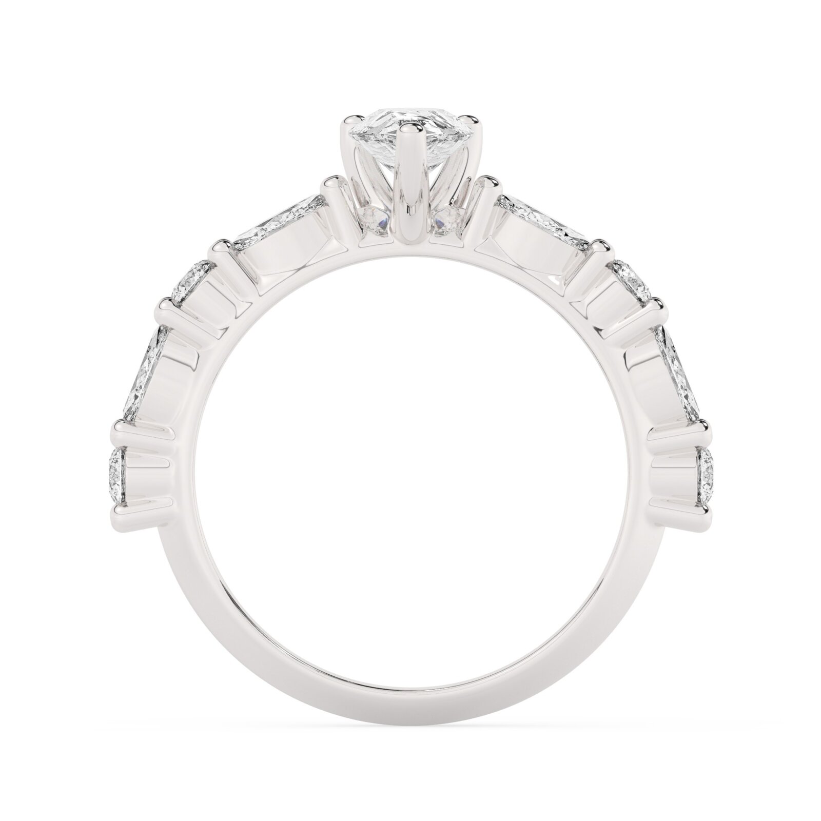 טבעת אירוסין סוליטר ויהלומים בצדדים דגם 50068 כסף מצופה זהב לבן במרכז אבן מעבדה מוסונייט 5 קראט בחיתוך טיפה עם תעודה גמולוגית בינלאומית GRA מסביב ובצדדים אבני מעבדה מוסונייט במשקל של 0.40 קראט בנוסף 0.20 קראט – תמונה 3