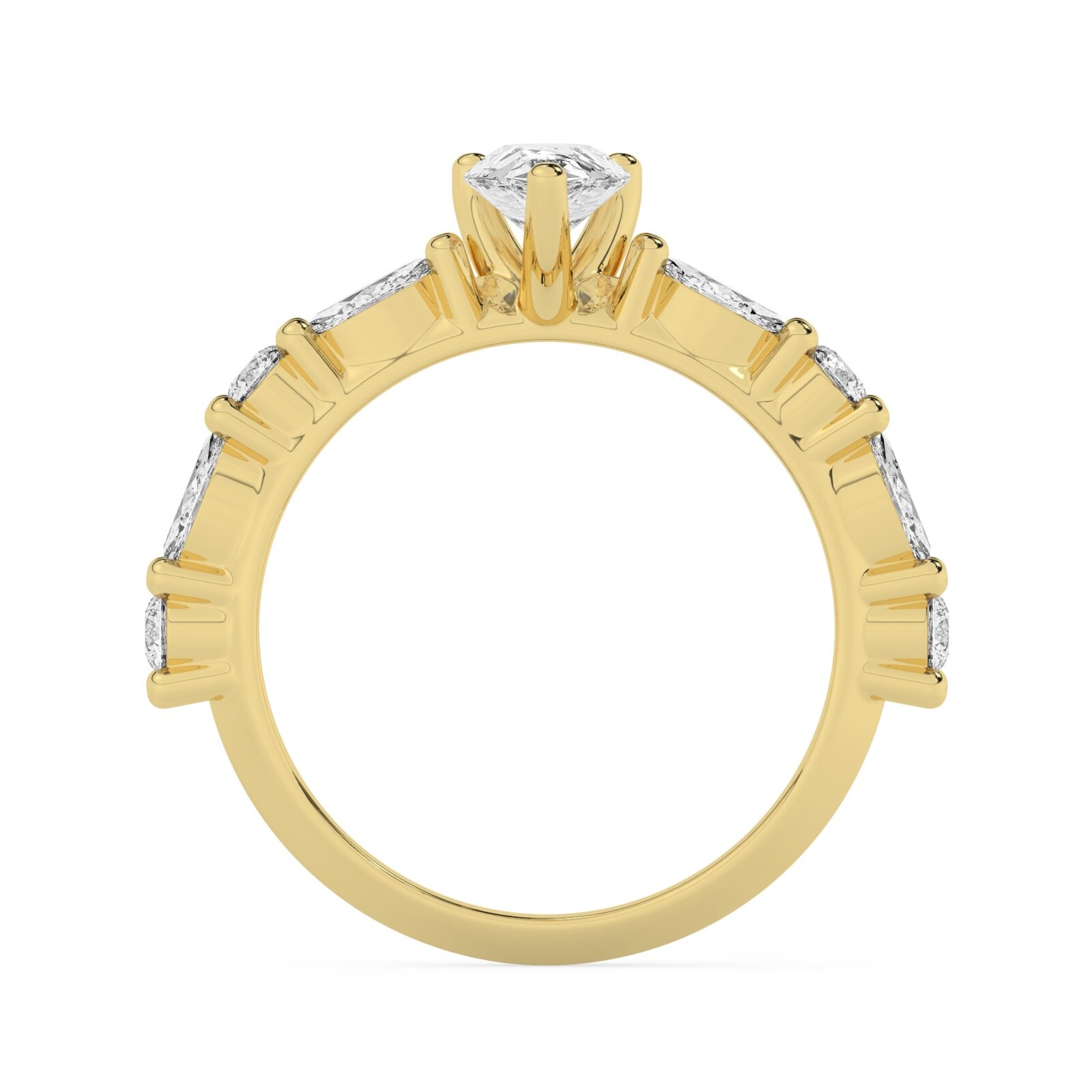 טבעת אירוסין סוליטר ויהלומים בצדדים דגם 50068 כסף מצופה זהב צהוב במרכז אבן מעבדה מוסונייט 5 קראט בחיתוך טיפה עם תעודה גמולוגית בינלאומית GRA מסביב ובצדדים אבני מעבדה מוסונייט במשקל של 0.40 קראט בנוסף 0.20 קראט – תמונה 3