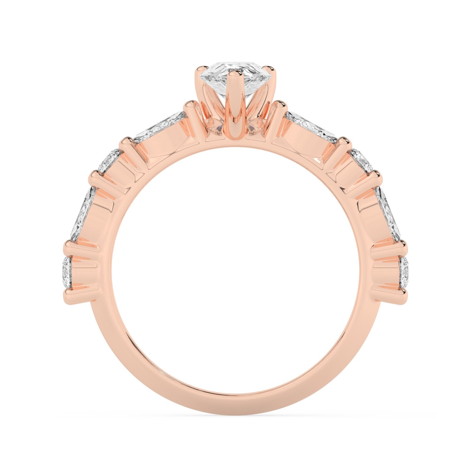 טבעת אירוסין סוליטר ויהלומים בצדדים דגם 50068 כסף מצופה זהב אדום רוזגולד במרכז אבן מעבדה מוסונייט 5 קראט בחיתוך טיפה עם תעודה גמולוגית בינלאומית GRA מסביב ובצדדים אבני מעבדה מוסונייט במשקל של 0.40 קראט בנוסף 0.20 קראט – תמונה 3