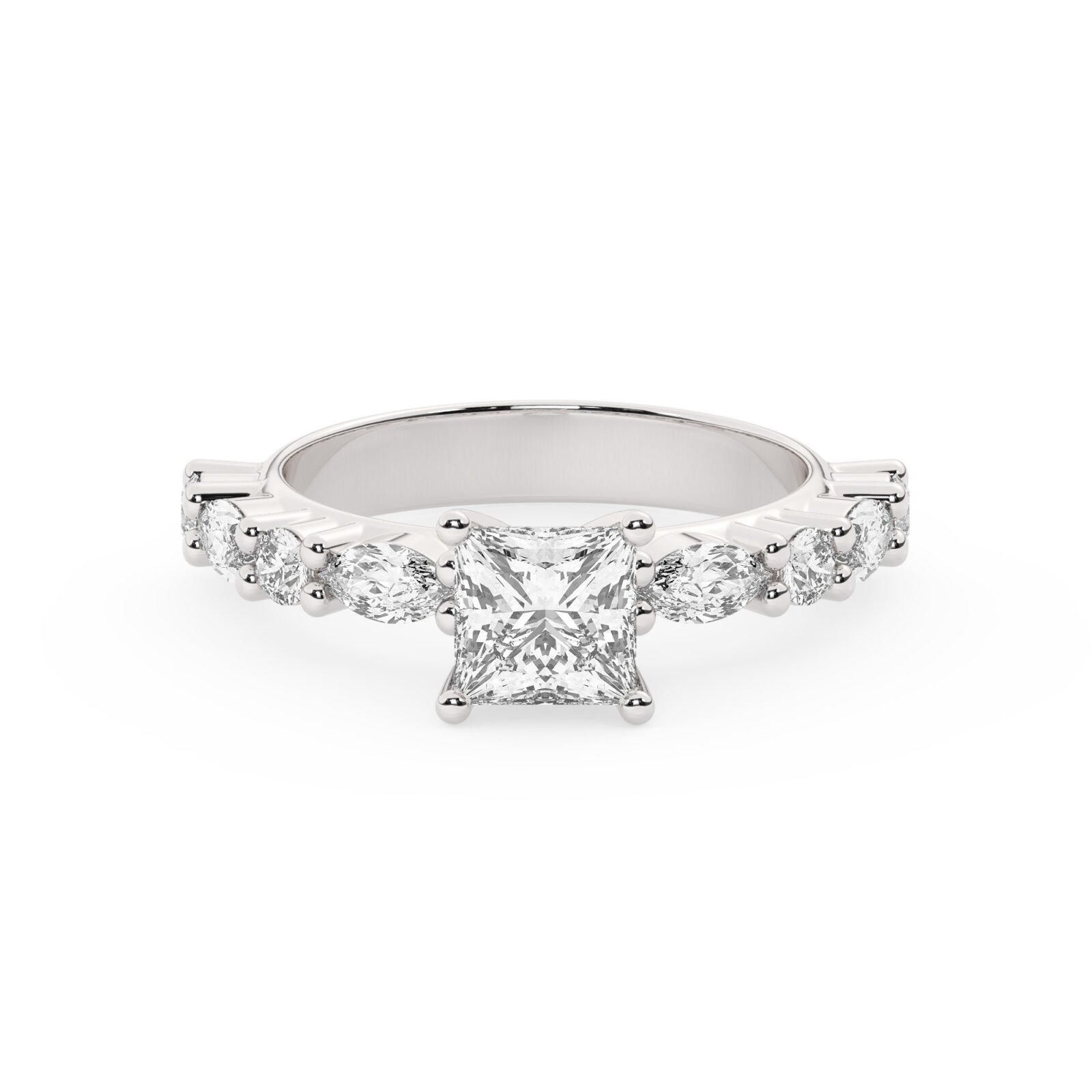 טבעת אירוסין סוליטר ויהלומים בצדדים דגם 50068 כסף מצופה זהב לבן במרכז יהלום מעבדה 1 קראט בחיתוך פרינסס עם תעודה גמולוגית אירופאית IGI מסביב ובצדדים יהלומי מעבדה במשקל של 0.40 קראט בנוסף 0.20 קראט – תמונה 2