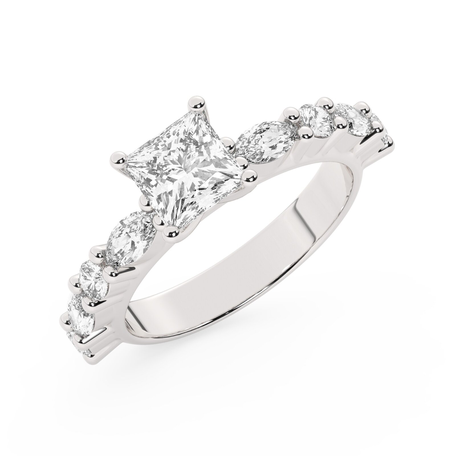 טבעת אירוסין סוליטר ויהלומים בצדדים דגם 50068 כסף מצופה זהב לבן במרכז יהלום מעבדה 1.50 קראט בחיתוך פרינסס עם תעודה גמולוגית אירופאית IGI מסביב ובצדדים יהלומי מעבדה במשקל של 0.40 קראט בנוסף 0.20 קראט