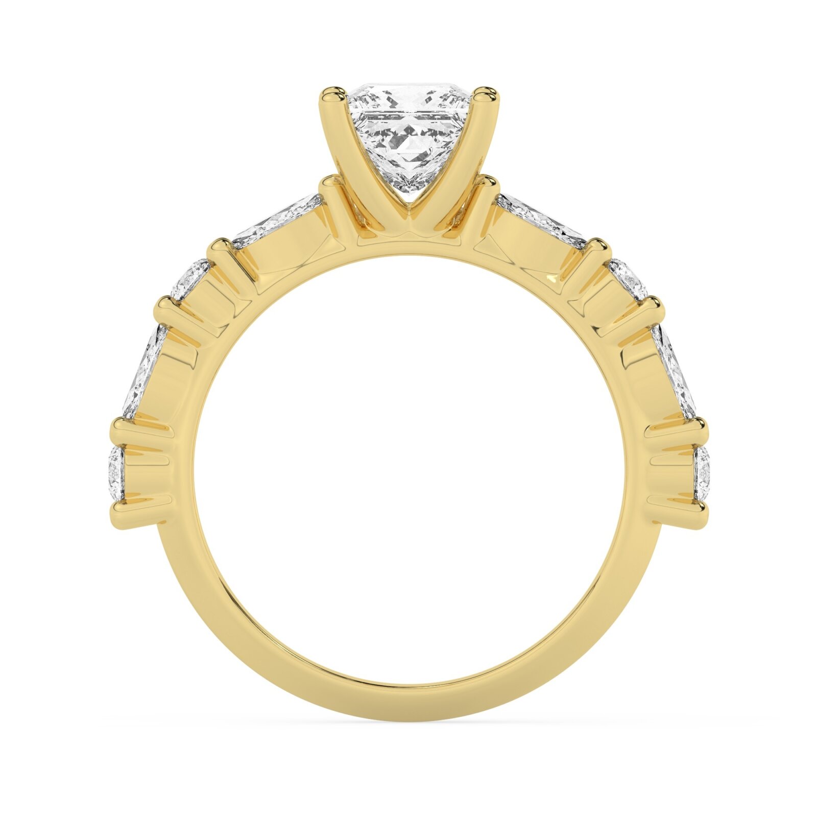 טבעת אירוסין סוליטר ויהלומים בצדדים דגם 50068 כסף מצופה זהב צהוב במרכז יהלום מעבדה 1.50 קראט בחיתוך פרינסס עם תעודה גמולוגית אירופאית IGI מסביב ובצדדים יהלומי מעבדה במשקל של 0.40 קראט בנוסף 0.20 קראט – תמונה 3